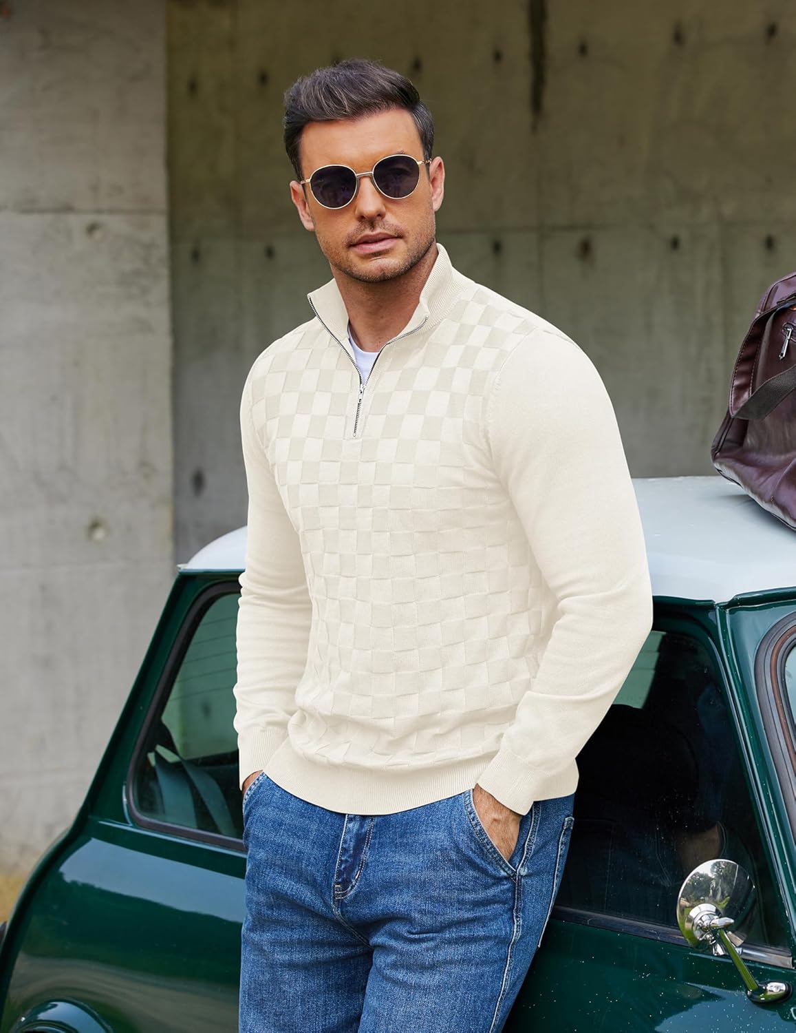 COOFANDY Quarter Zip Pullover Men Dress Sweaters Long Sleeve Jacquard Checkered Sweater - Image 2