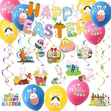 Easter Decorations for Home with Happy Easter Banner, Easter Decor with Easter Balloons, Rabbit Garland Hanging Swirls for Party Decorations Indoor Outdoor