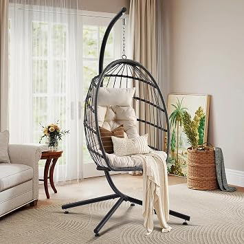 Hanging Egg Chair with Stand, Outdoor Foldable Wicker Porch Swing | 2-Person Porch Swing Indoor Heavy Duty Rattan Hammock Loveseat with Cushions for Bedroom Garden Balcony Patio, 650LBS
