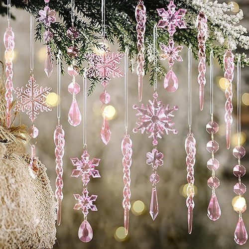 Miniatura 10 de 32 piezas de adornos de Navidad de cristal - Adornos de árbol de Navidad iridescentes, copos de nieve acrílicos, colgantes de icicles que caen,