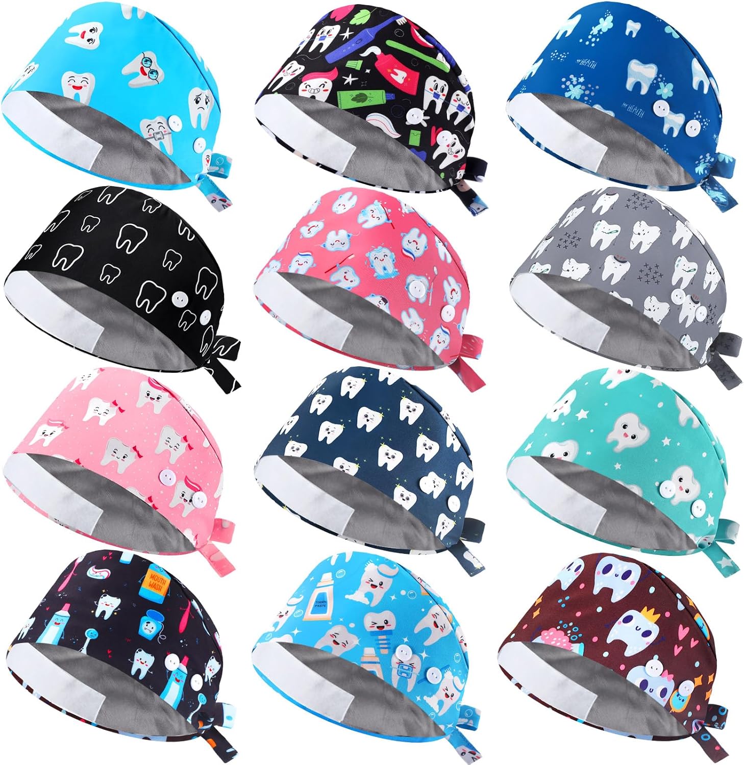 Hercicy 12 Pcs Satin Lined Scrub Caps Working Caps with Button Sweatband Adjustable Dentist Nurse Elastic Hats for Women Men