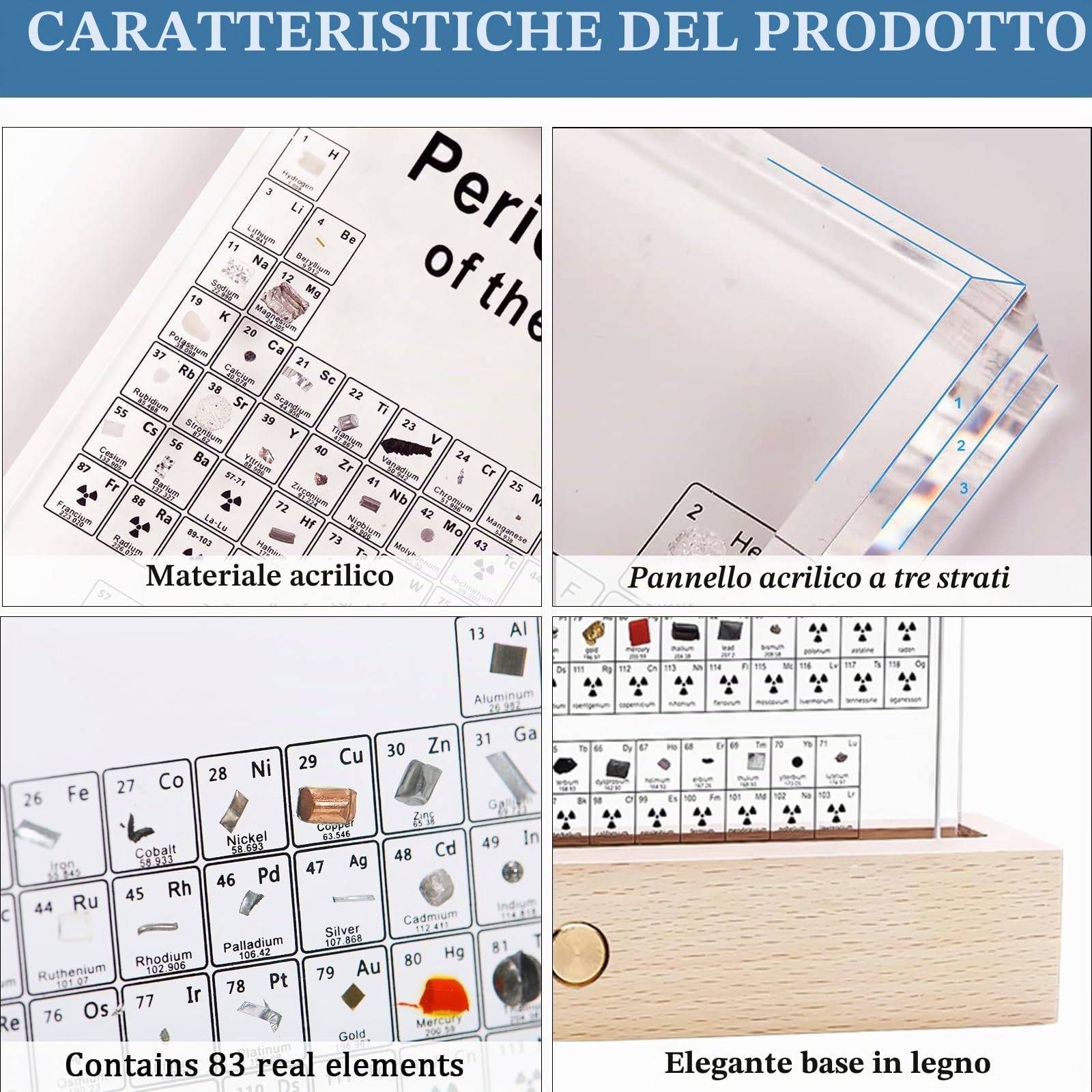 SOEPOTIX Tavola Periodica degli Elementi Reali, Tavola Periodica con Elementi Veri con LED Supporto e 83 Campioni Chimico di Elementi Veri Insegnamento Strumento Regalo Creativo Artigianato