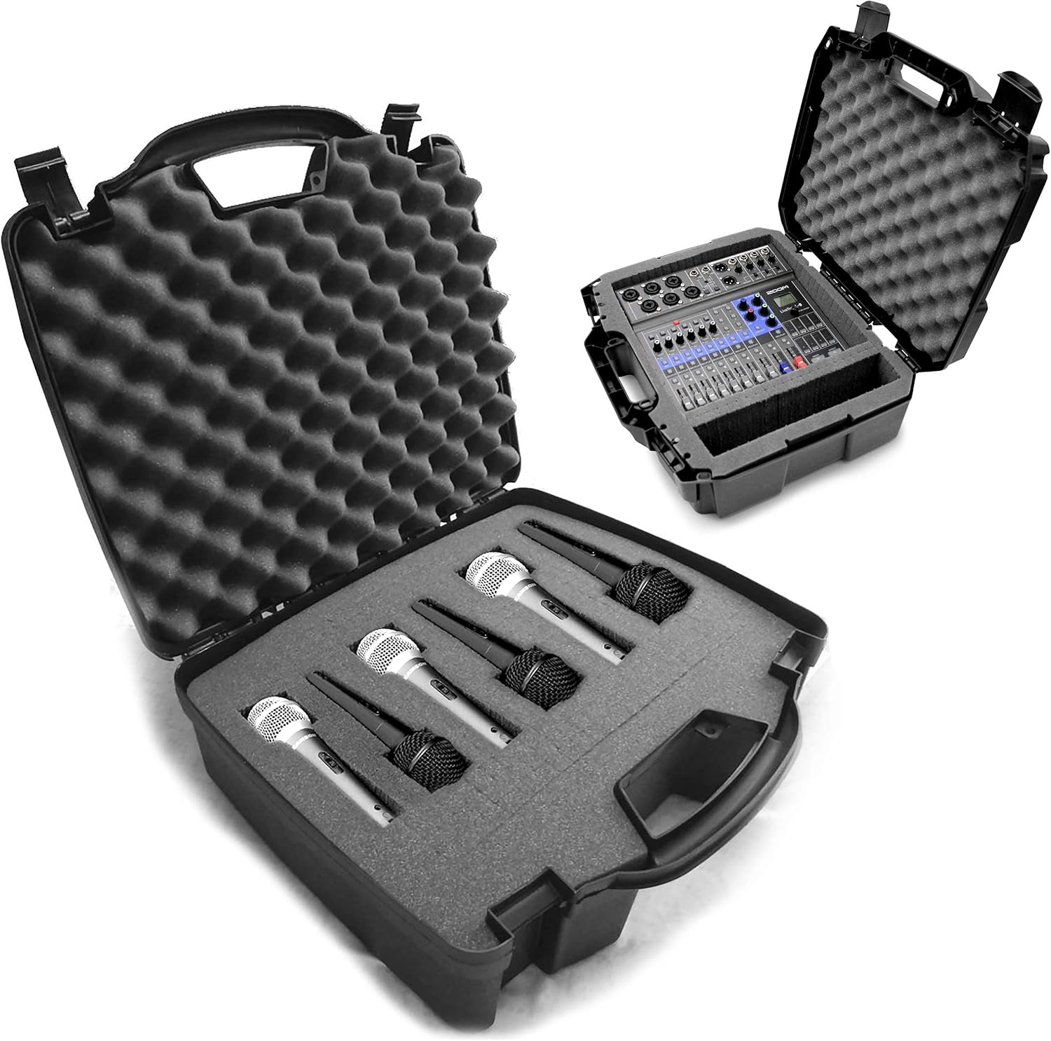 CASEMATIX Hard Shell Travel Case for Up To 6 Microphones with Customizable Foam Hard Shell Travel Case for Mixers and Accessories