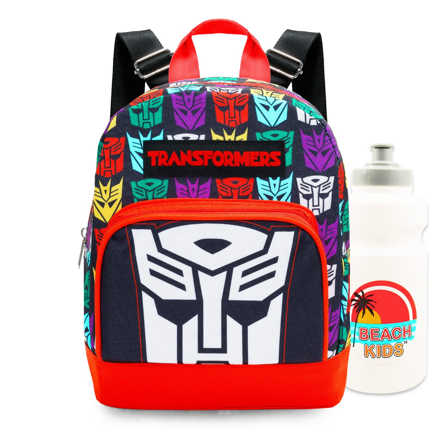 Transformers Mini Backpack - 10" Iconic Woven Small Backpack with Front Pocket and Bottle Bundle | Adjusts to Fit Kids, Toddlers, Teens, Adults, Boys
