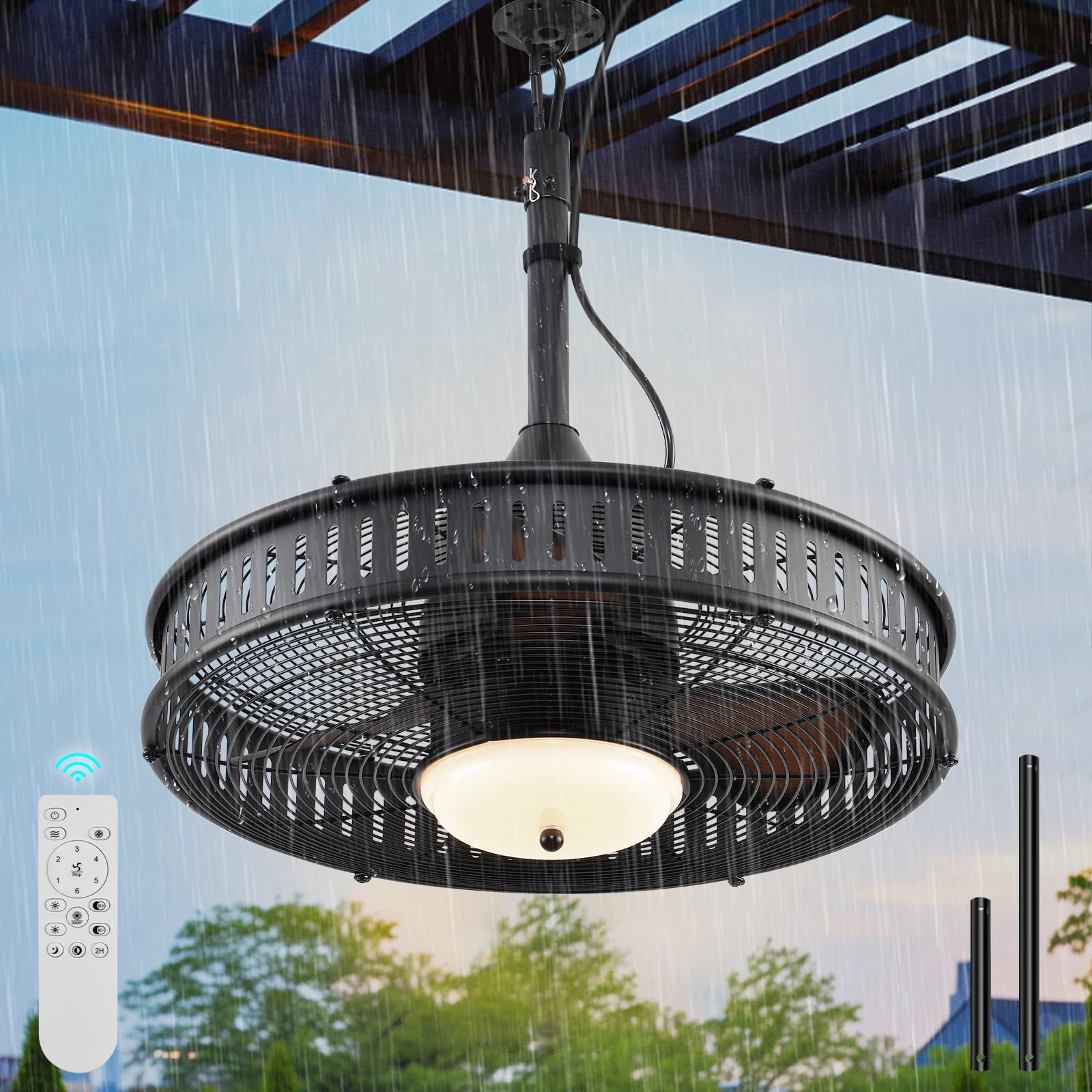 20" Gazebo Fan,IP55 Waterproof Outdoor Ceiling Fans with Lights,3CCT,6 Speed,Plug in Ceiling Fan with Cord Hook,Portable Fan for Gazebos,Porch, Pergola,Canopy Black