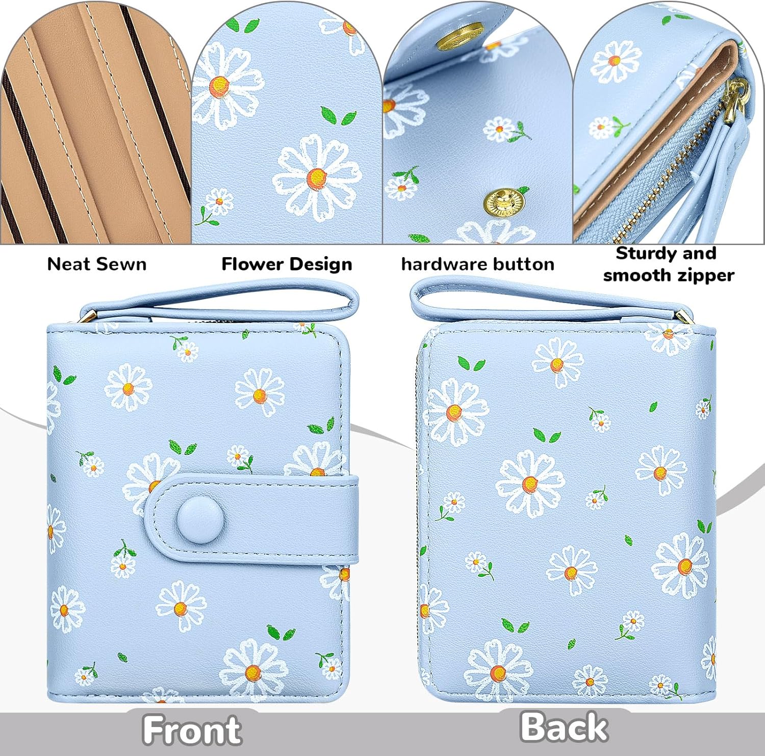 Women's Wallet Small Wallets for Women Cute Ladies Wallets Bifold Flower Wallet Womens With Zipper Blue Women's Coin Pocket Purses Card Holder for Women - Image 4