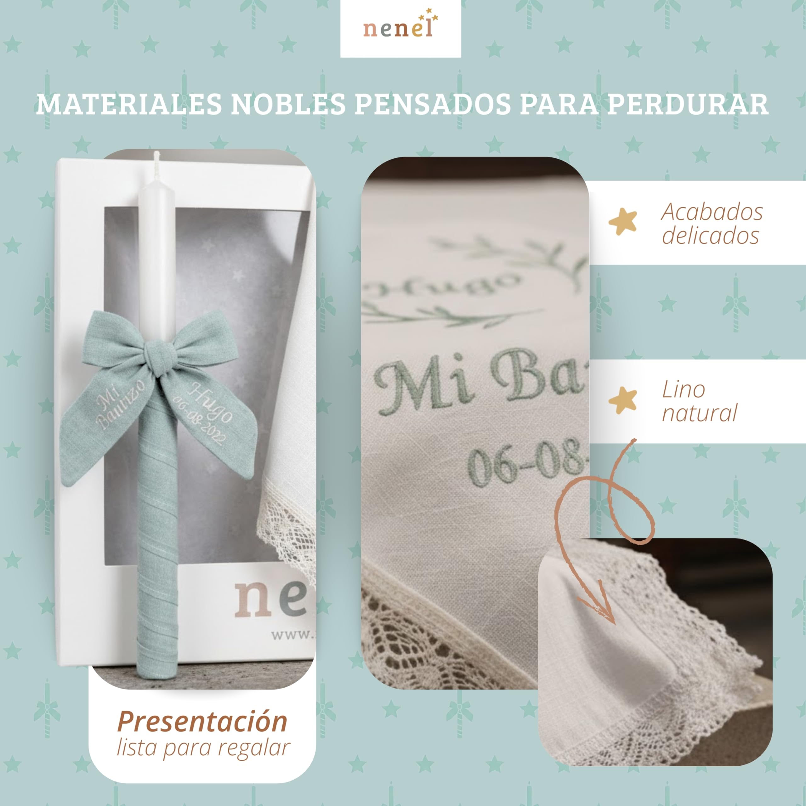 Nenel | Kit de Bautizo Personalizado con Vela y Paño Bordado en Lino Natural – Bambula Verde Menta – Regalo Recuerdo Original Bautismo – Cirio y Toalla Bautismal con Nombre y Fecha