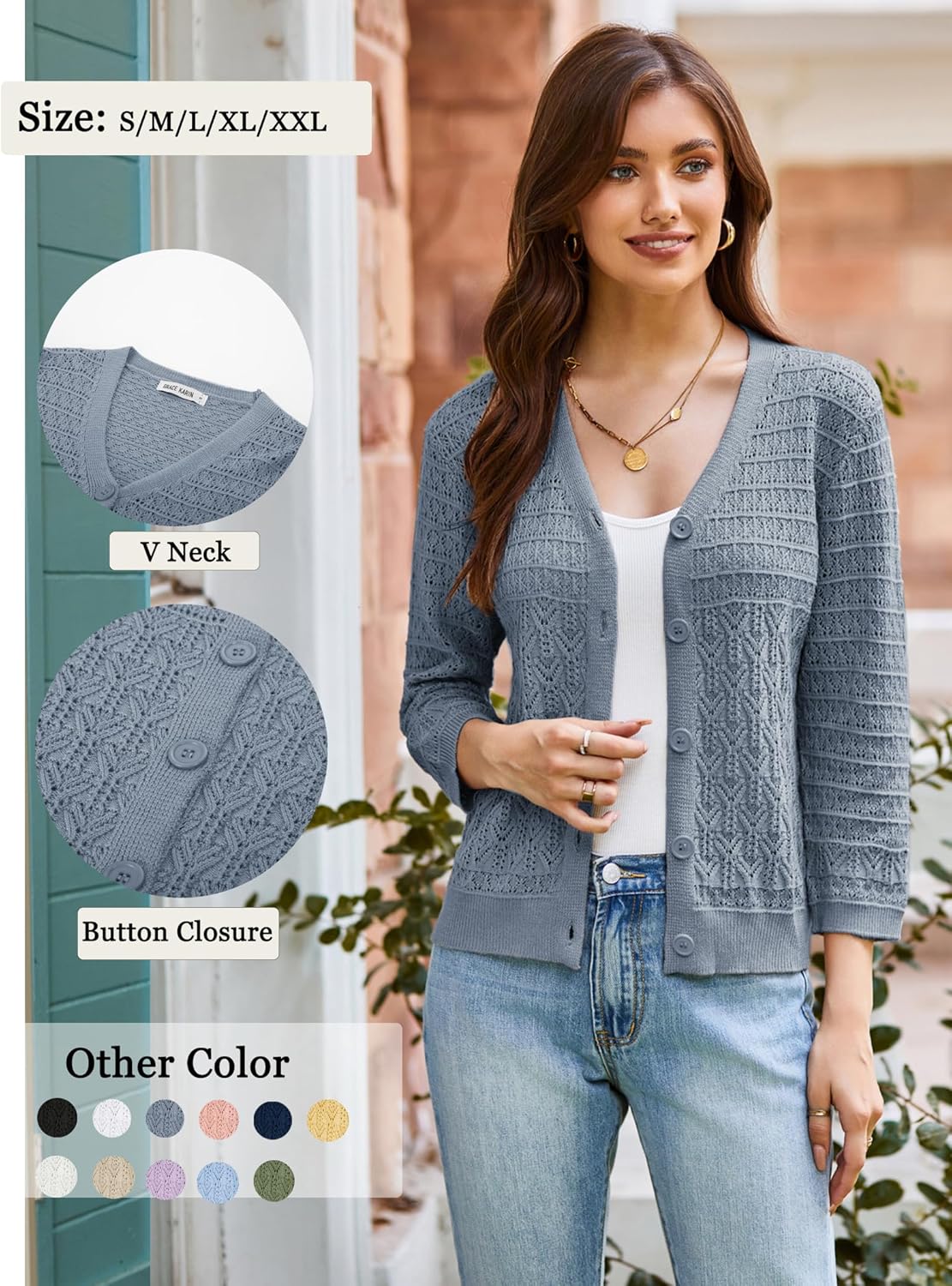 GRACE KARIN Women Lightweigt Crochet Knit Cardigan, 3/4 Sleeve Cropped Shrugs, Spring Button Down Sweaters Tops - Image 4