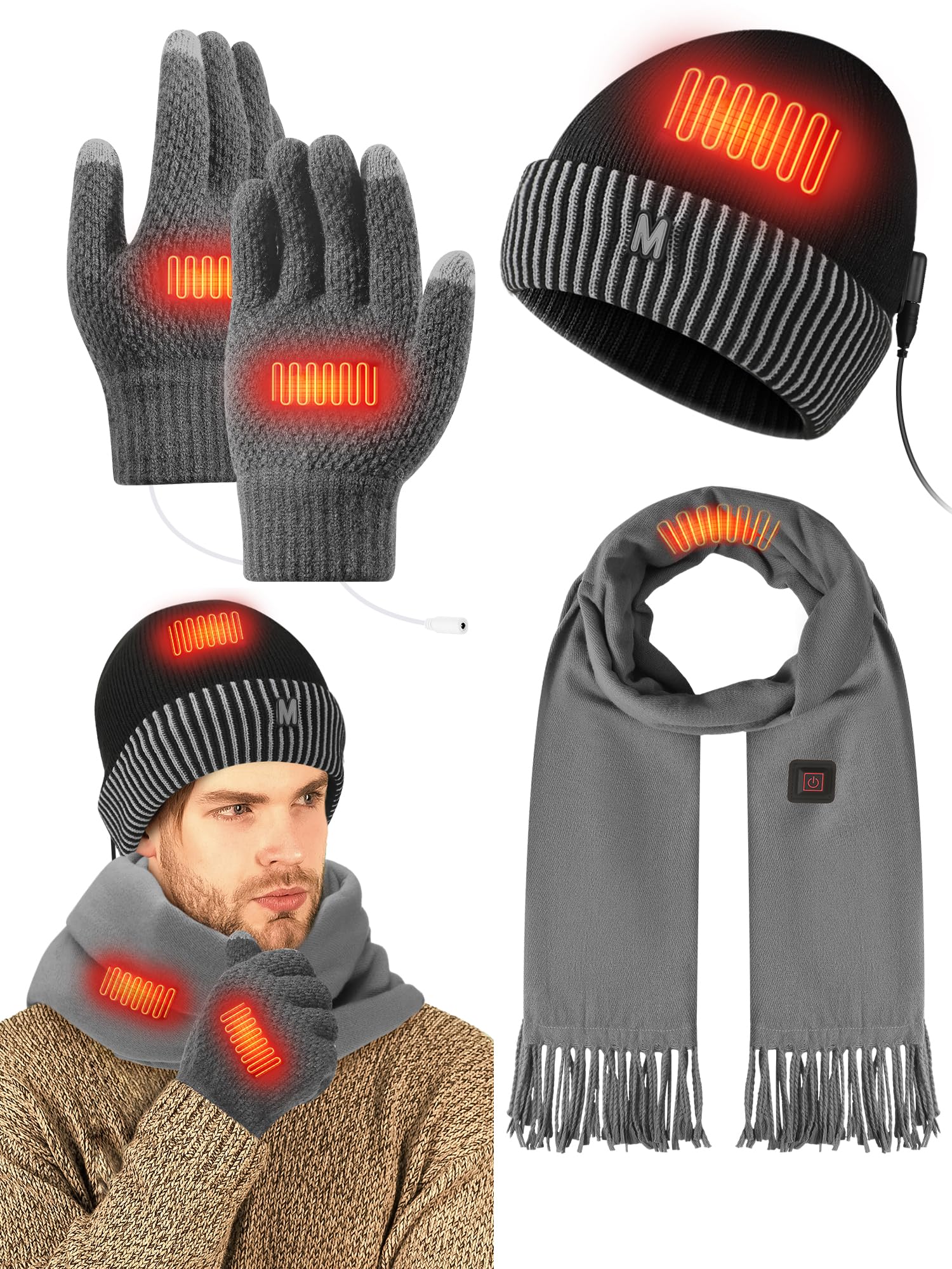 3 Pcs USB Heated Hat Scarf Gloves Set for Men Women Warm Gift No Power Supply Included-image-18