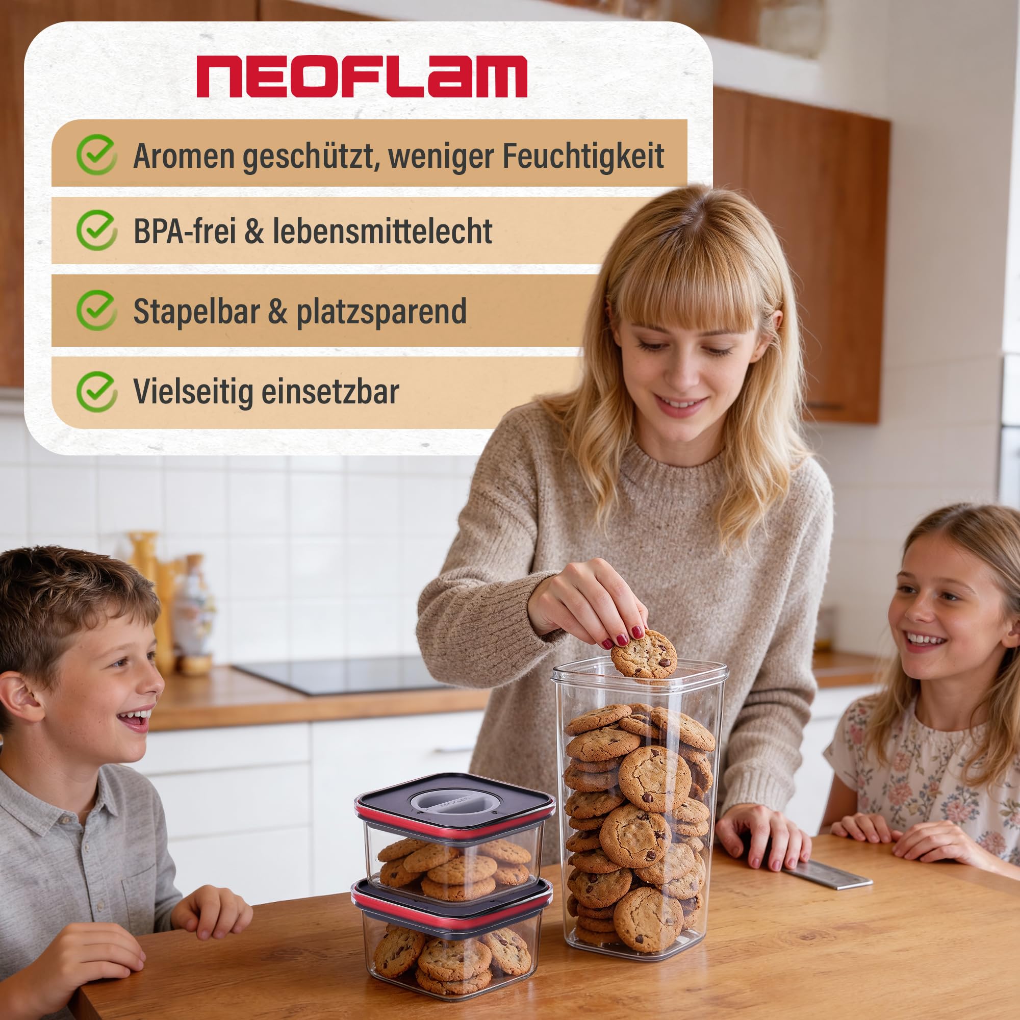 Neoflam Contenitori con coperchio, ermetici, set da 4 pezzi, senza BPA, con chiusura a vite con una sola mano, contenitori salvafreschezza per alimenti, coperchio nero, 2 x 1,35 l, 2 x 2,1 l