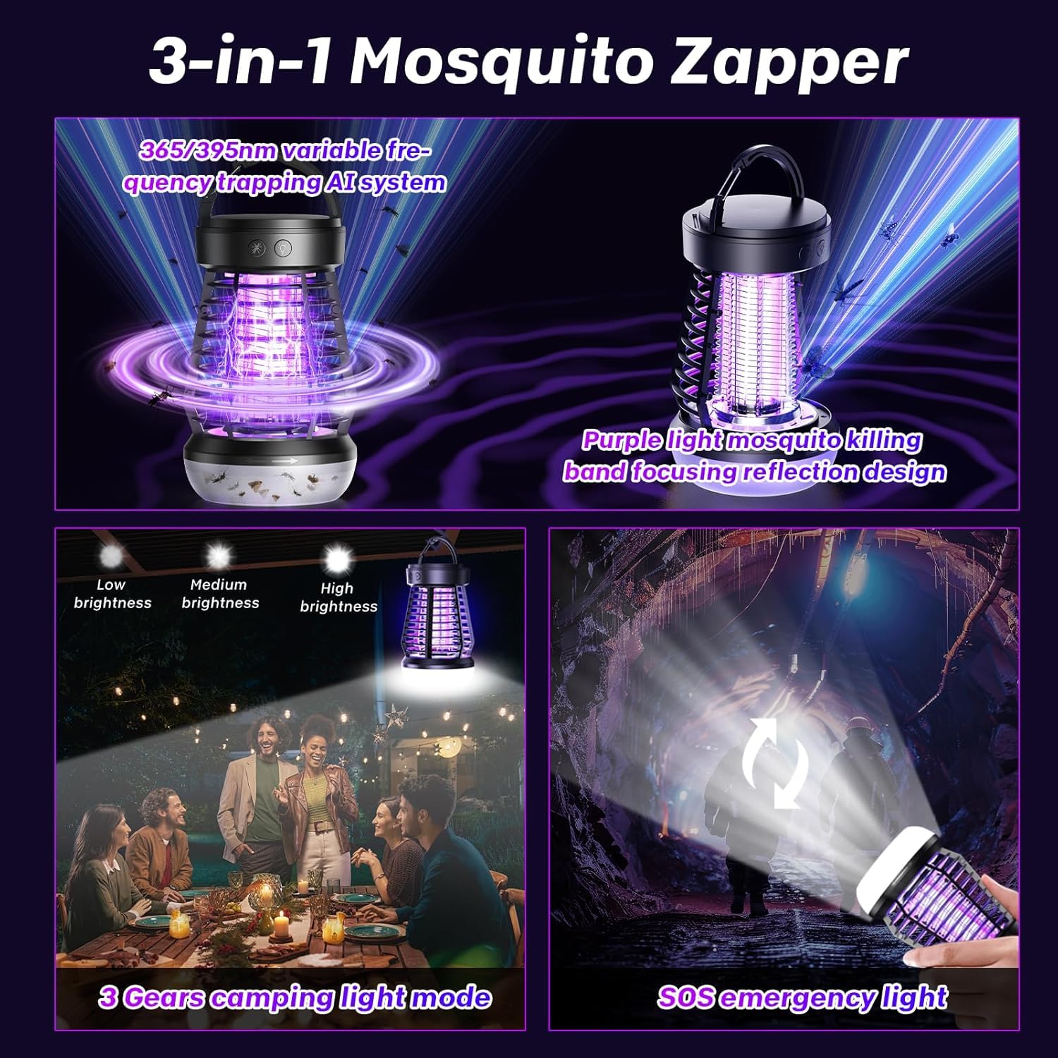 AOKKR Lámpara Antimosquitos UV 2000V, Matamosquitos Eléctrico Recargable 2000mAh con Carga USB, Carcasa ABS Impermeable, Luz LED Suave y Luz SOS, para Camping, Jardín, Balcón y Dormitorio — view 6