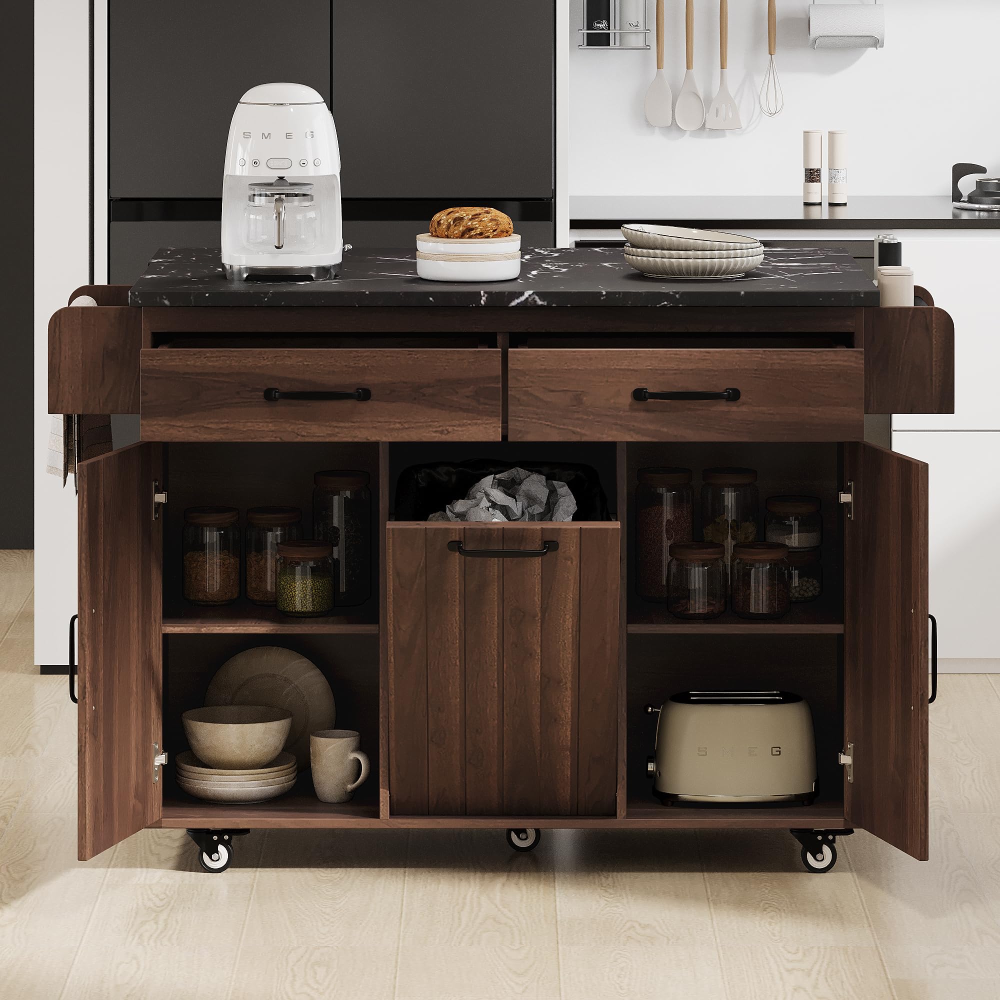 Ball & Cast Kitchen Island with Trash Can Storage Cabinet,Kitchen Cart W/Drop Leaf,Spice Rack,Towel Rack and Drawers,Rolling Kitchen Islands on Wheels W/Adjustable Shelf for Dining Room,Walnut Brown