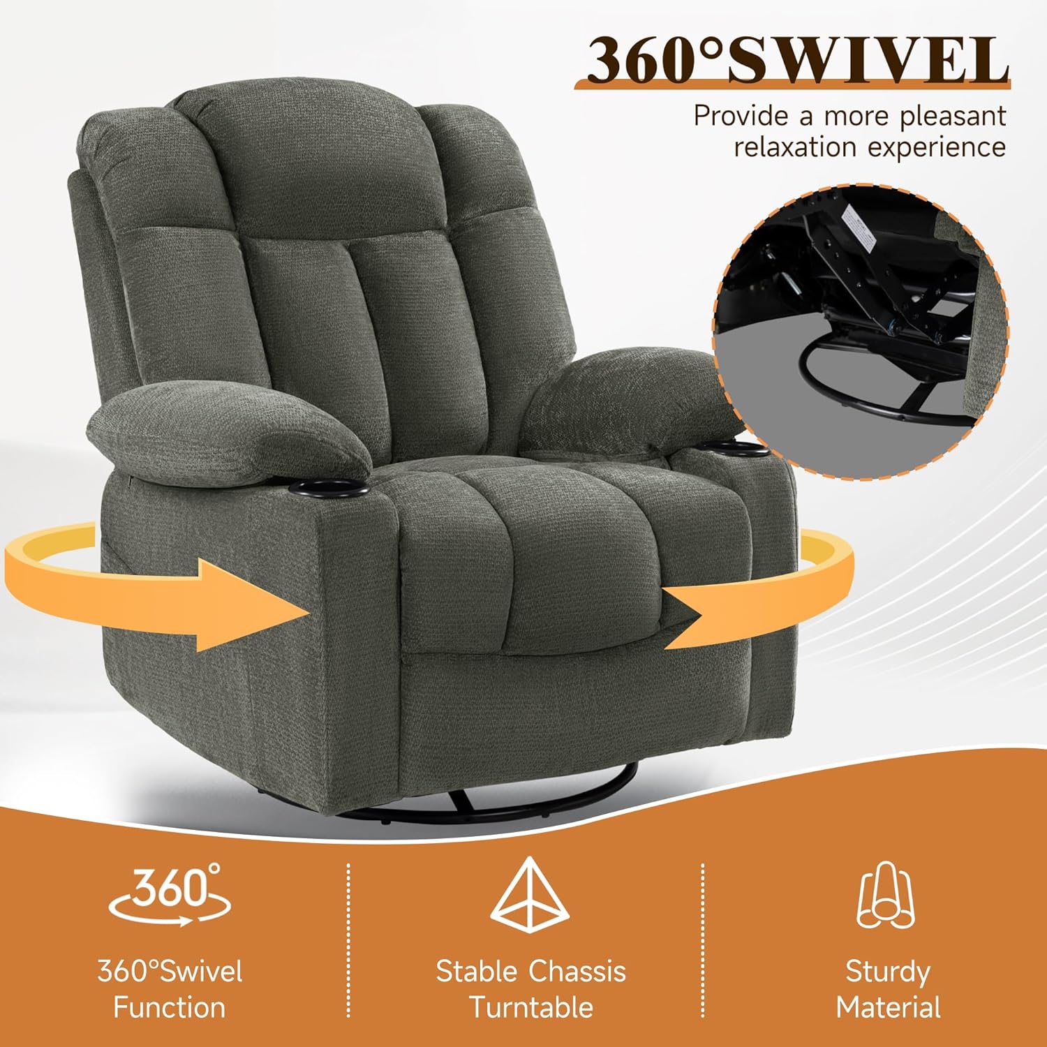Swivel Rocker Recliner Chair for Adults – Manual Glider Sofa with Massage, Heat & Vibration, 360° Rocking for Living Room (Dark Gray, 30"x30"x40")