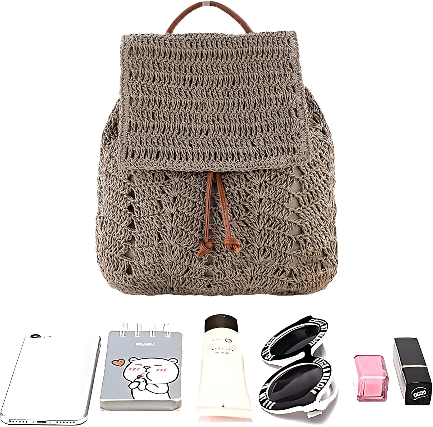Women Beach Backpacks Purse Small Woven Straw Handmade Daypack Bohemian Style Shoulder Handbag for Casual Beach Holiday Grey - Image 4