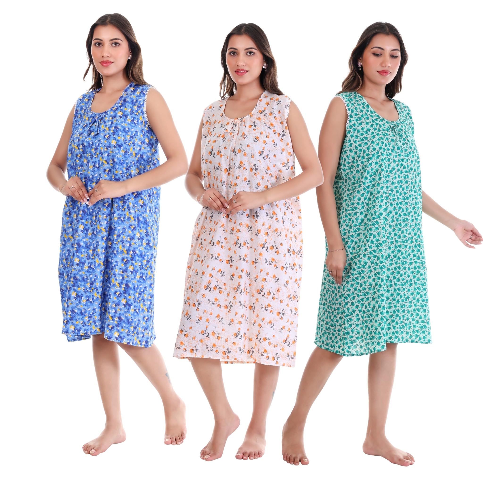 Pack 3 Women Pure Cotton Short Nighty | Soft Breathable Printed Nightwear Midi | Knee Length 38 Inch | Sleeveless Comfortable Night Dress | Daily Sleepwear |-image-17