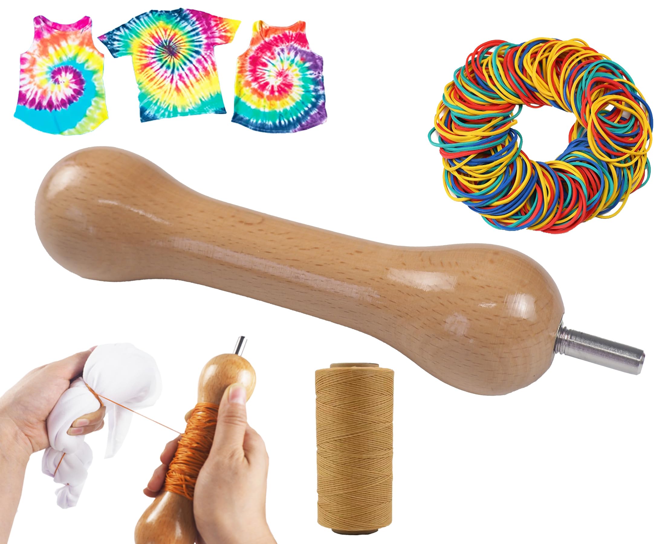 GEOCCI Tie Dye Tool,Sinew Puller for Tie Dye,DIY tie-dye Stretching Tools,with 210D 1.0mm 273 Yards Tie-Dye Waxed Thread and 160 PCS (32 mm) Elastic Durable Stretchy Multicolor Rubber Bands