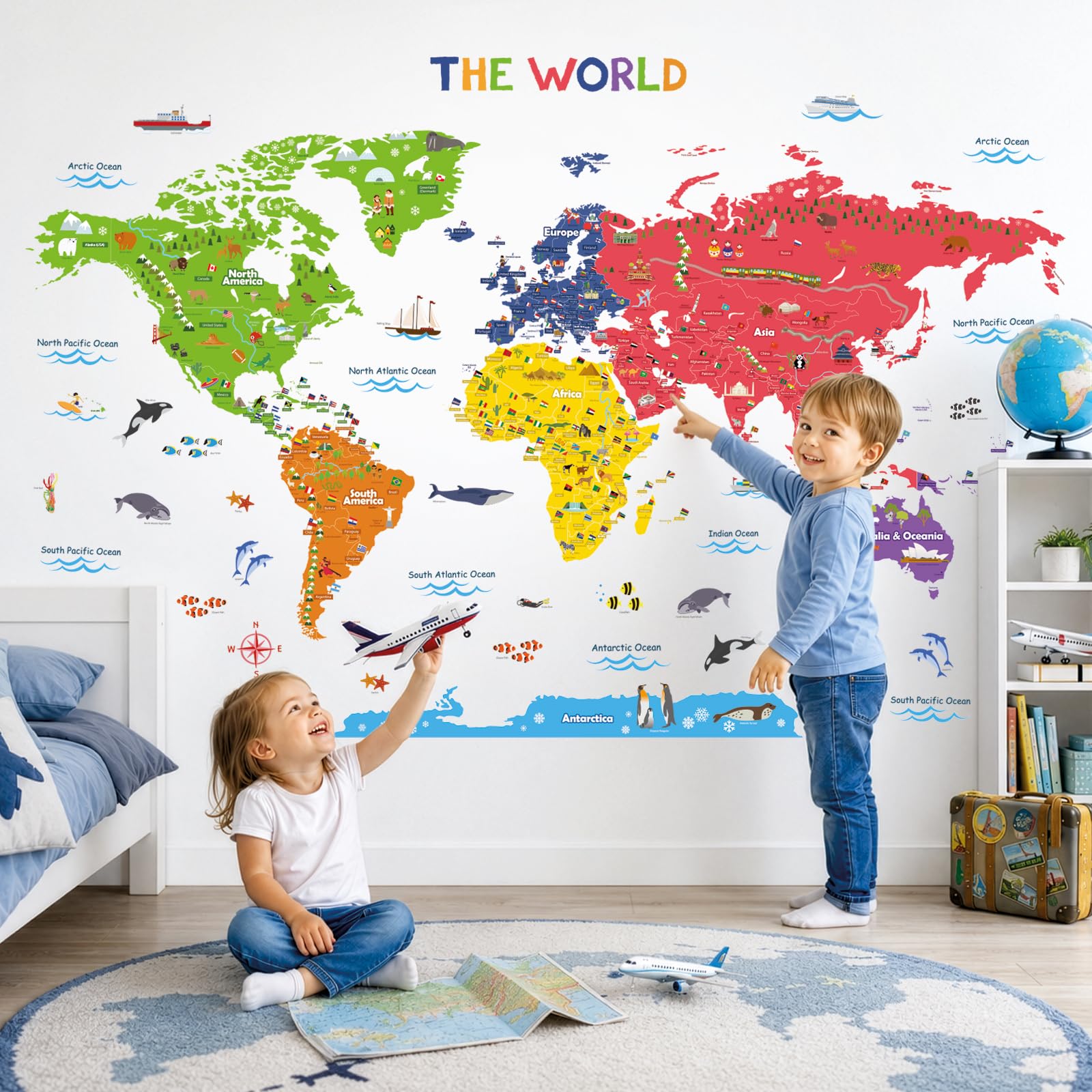DECOWALL DL3-2212 Kolorowa mapa świata Naklejki ścienne dla dzieci Naklejki ścienne Peel and Stick Zdejmowane naklejki ścienne dla dzieci Przedszkole Sypialnia Salon