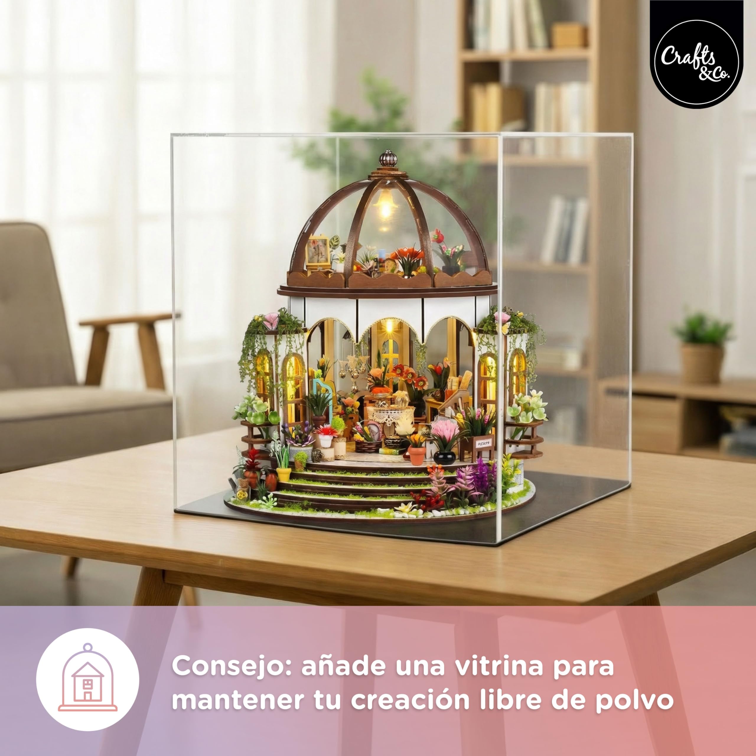 Crafts&Co® Casa en Miniatura DIY | Maqueta con Iluminación LED | Kit de Construcción 405 Piezas para Adultos | Casa de Muñecas para Montar con Accesorios y Herramientas | 25,5 x 21,5 x 24,5 cm