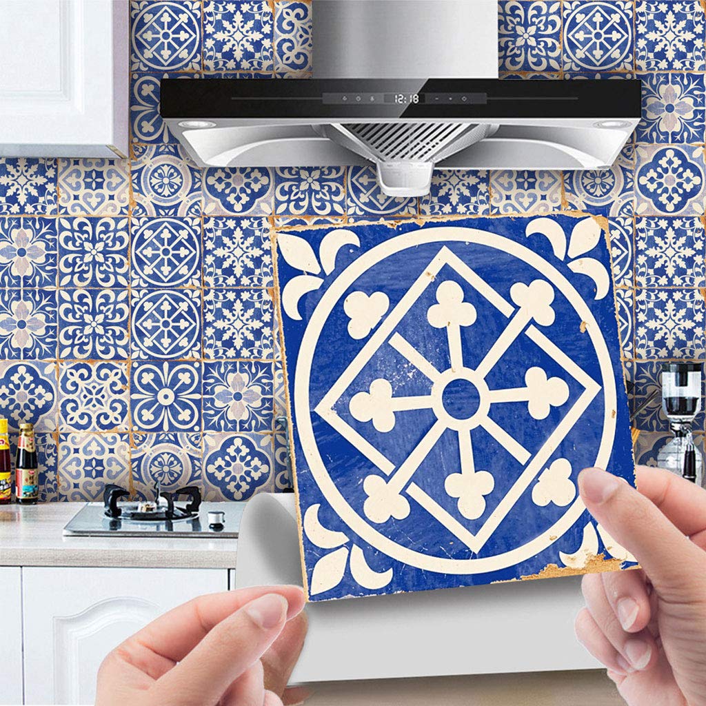 24 pz Blu e Bianco Piastrelle di Porcellana Adesivo Peel Stick Pavimento Stickers Murali Backsplash Impermeabile Fai da Te Autoadesivo Cucina Bagno Decorazione 20x20 cm