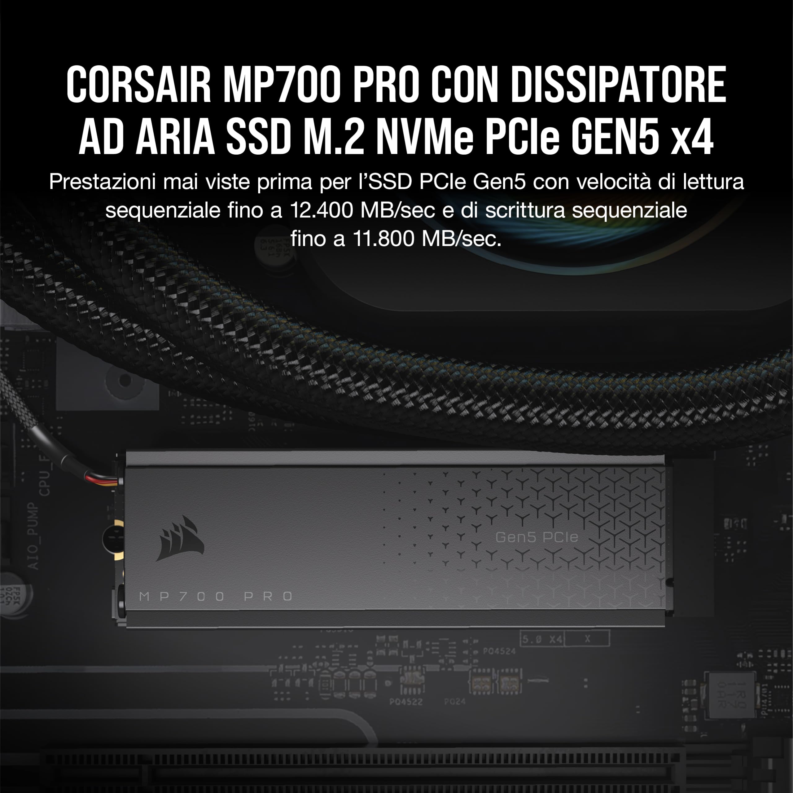 Corsair MP700 PRO con Raffreddatore ad Aria 1TB M.2 PCIe Gen5 x4 NVMe 2.0 SSD - M.2 2280 - Fino a 11.700MB/sec in Lettura Sequenziale - NAND TLC ad Alta Densità - Nero