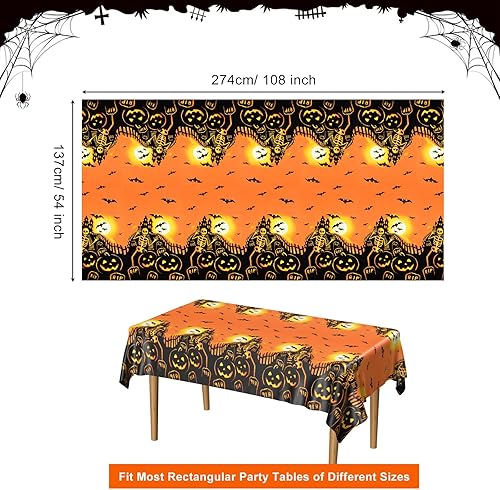 Miniatura 2 de PLULON Paquete de 3 manteles de Halloween de 54 x 108 pulgadas, diseño de calabaza, murciélago, esqueleto, calavera, mantel de plástico para