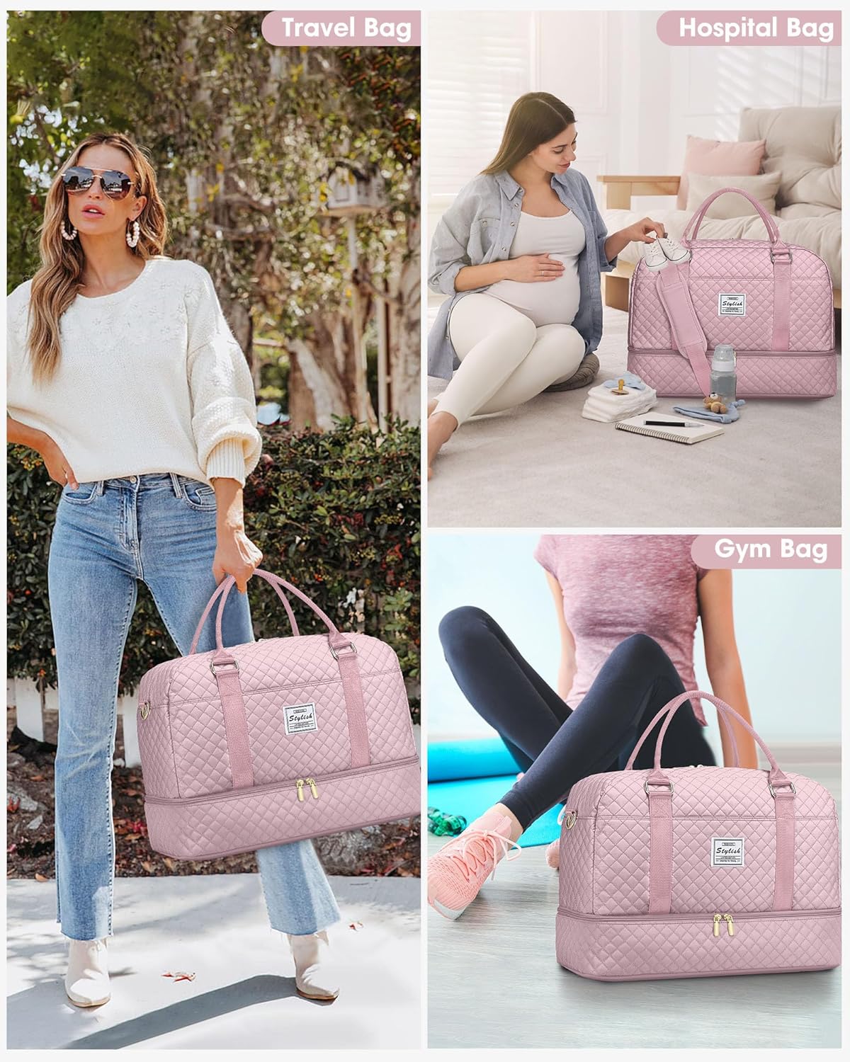 Travel Duffle Bag Weekender Bags: Pink Duffel Bag with Shoe Compartment Carry On Overnight Bag with Wet Pocket Yoga Gym Bags Hospital Bags for Labor and Delivery 3 Pcs Set - Image 8