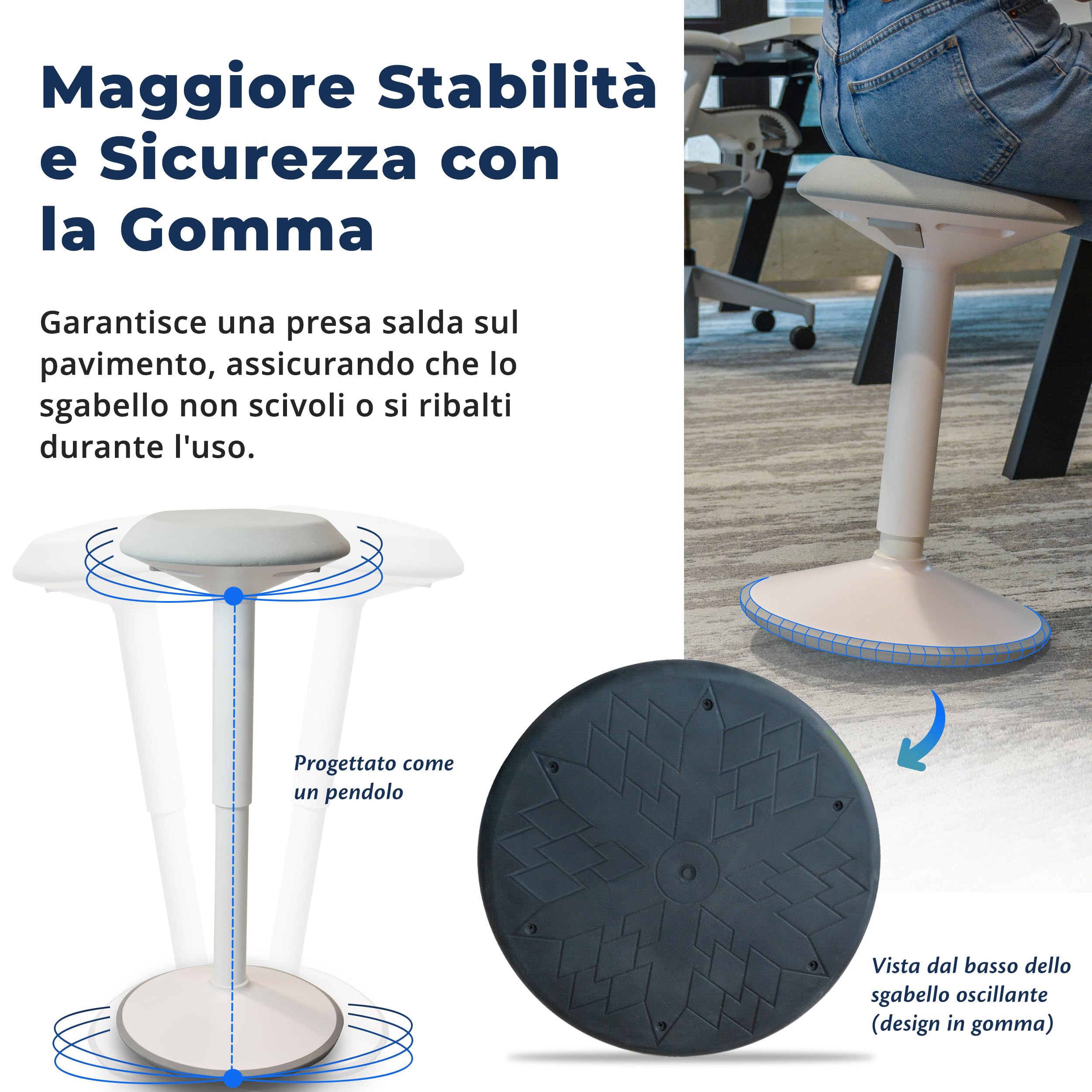 Backerz Sgabello Ergonomico - Sgabello Girevole da 55 a 80 cm con effetto dondolo - Sedia da Ufficio per Casa, Ufficio, Studio - Cuscino a Schiuma, Esterno in Lino Impermeabile - Bianco Opaco