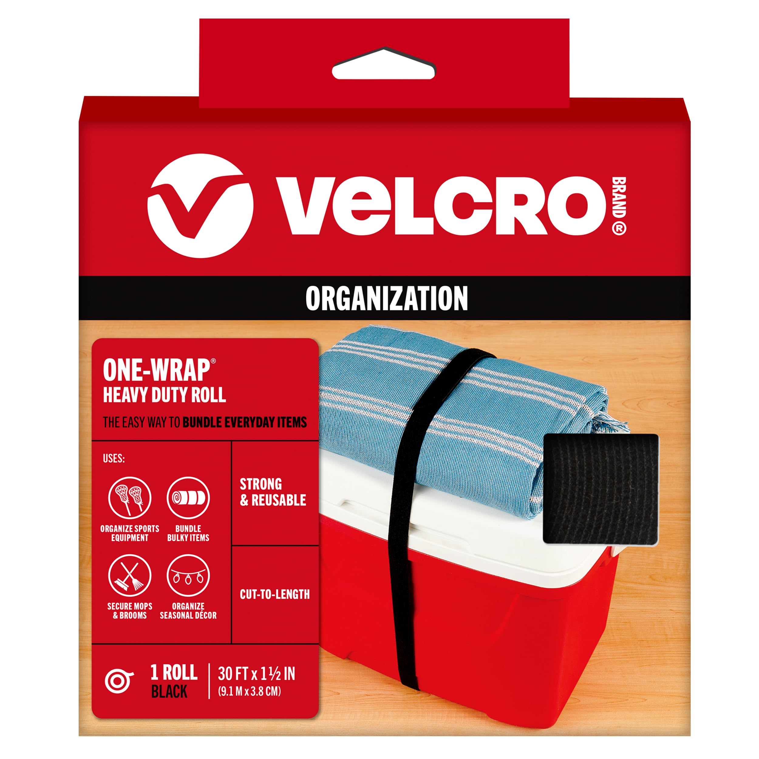 ONE-WRAP Roll Black | 30 Ft x 1-1/2 In | Reusable Self-Gripping Hook and Loop Tape | Cut Straps to Bundle Tie Materials and Tools in Garage Shed or Worksite