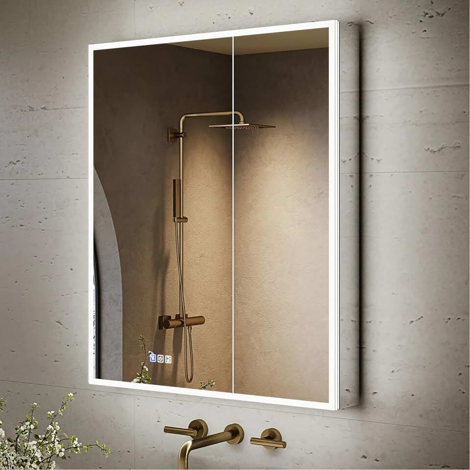 WELLFOR 30" X 36" LED Medicine Cabinet with Mirror, 3X Magnifiying Mirror Cabinet, Defogging/Dimmable Bathroom Mirrored Cabinet, Lighted Medicine Cabinet, Double Opening Doors