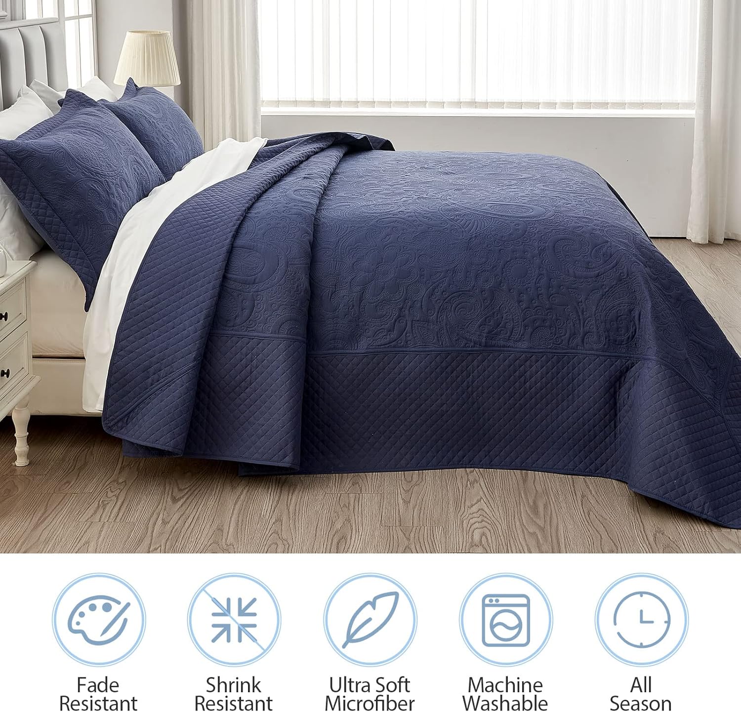 Qucover Oversized King Bedspreads, 3 Piece Soft Microfiber Lightweight Oversized King Quilt 128x120, Elegant Paisley Ultrasonic California King Bedspread Bedding Coverlets, Navy Blue