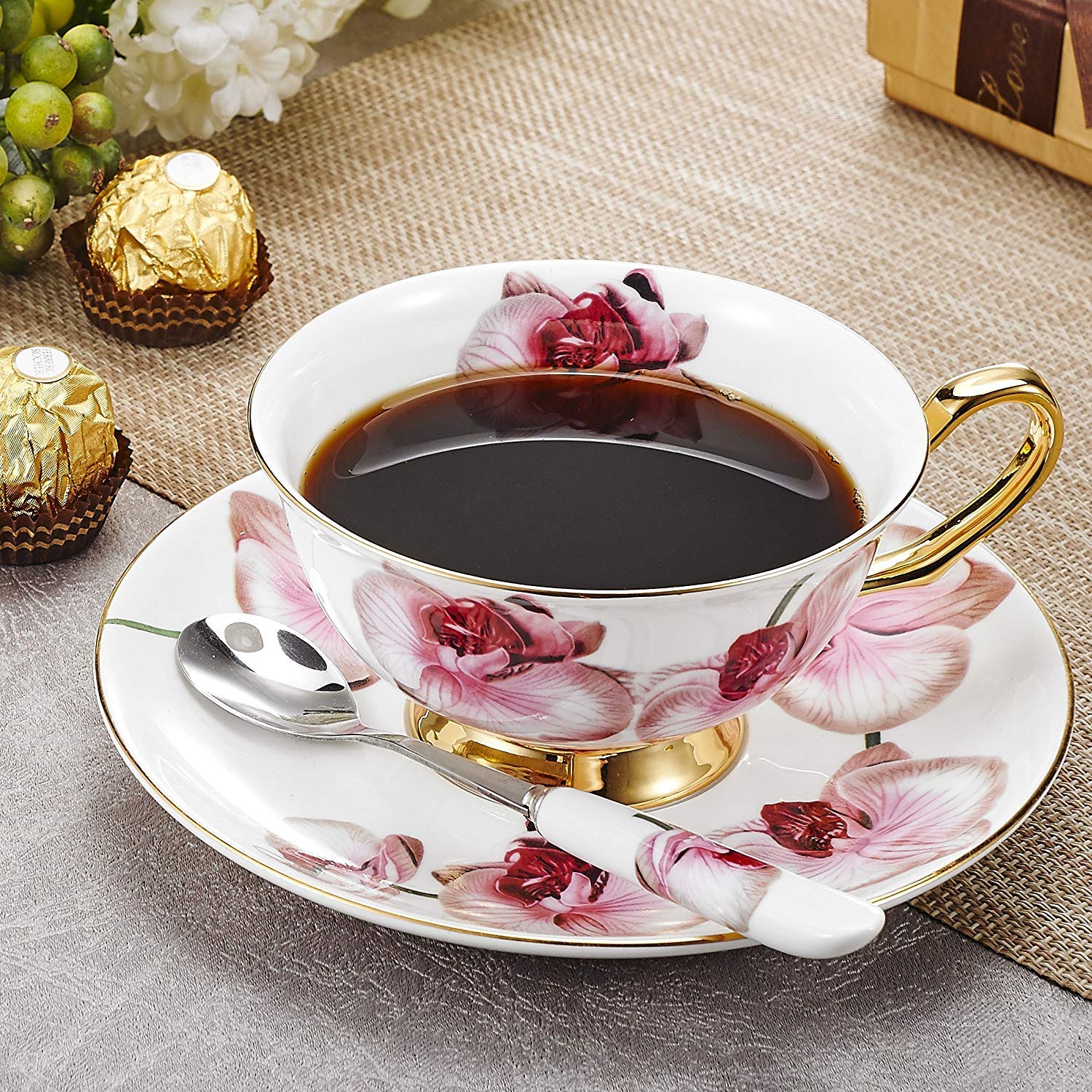 Set Tazza E Piattino In Porcellana Bone China YBK Tech - 180 Ml, Con Cucchiaio, Colore Nero - Elegante Per Tè E Caffè - 6