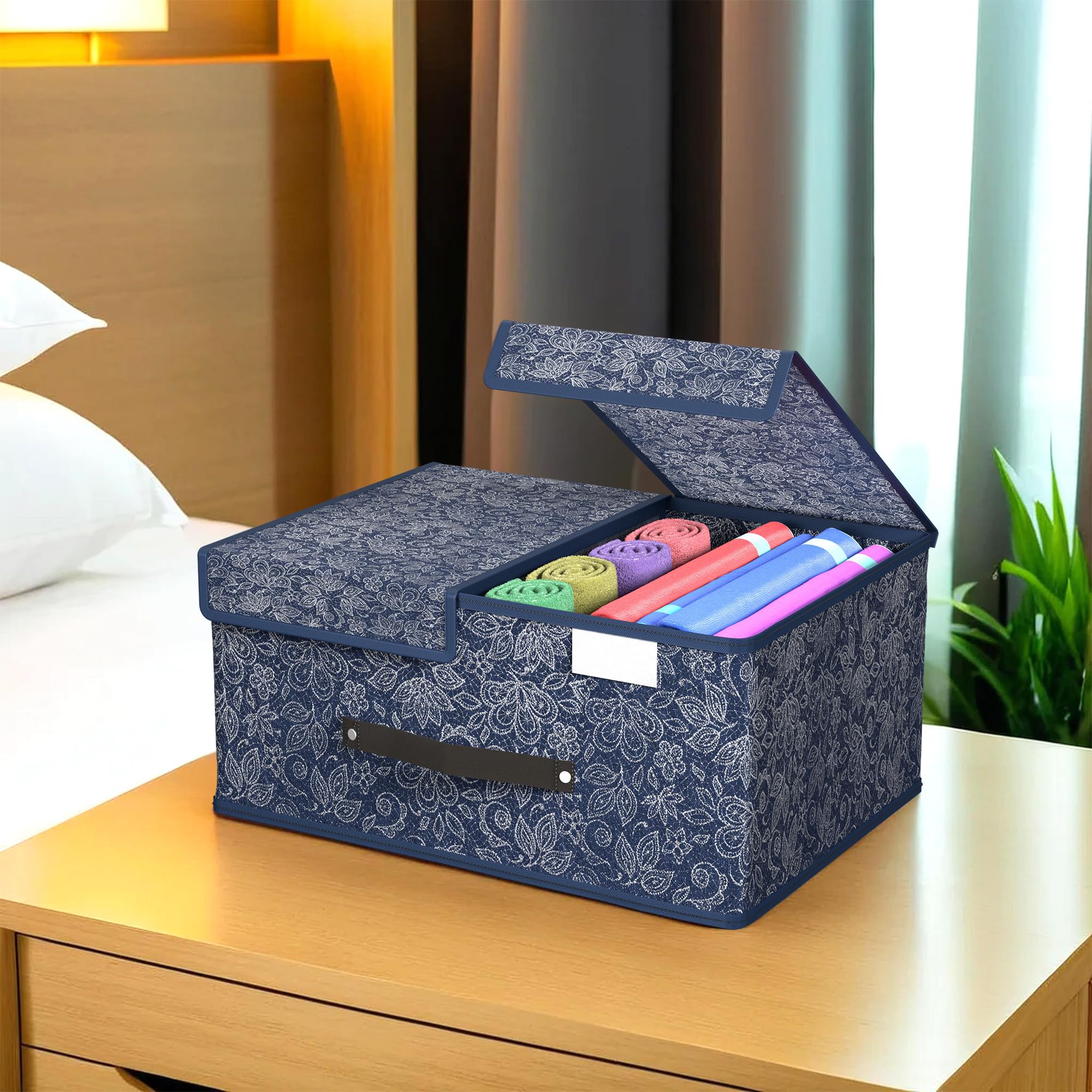 Kuber Industries Cloth Organizer for Wardrobe (Small) Foldable Storage Box with Double Lid | Drawer Organiser | Flower | Navy Blue-image-23