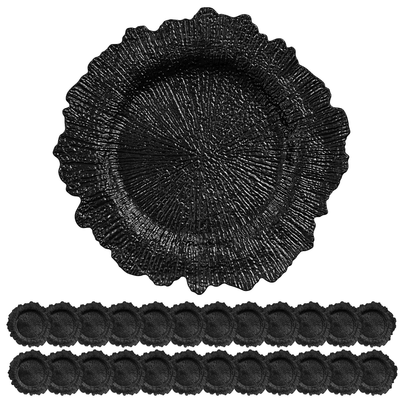 24 Pack Black Charger Plates Bulk, 13" Plastic Reef Chargers for Dinner Plates, Round Charger Plate with Floral Reef Design for Dinner Wedding Party Table Setting Decoration