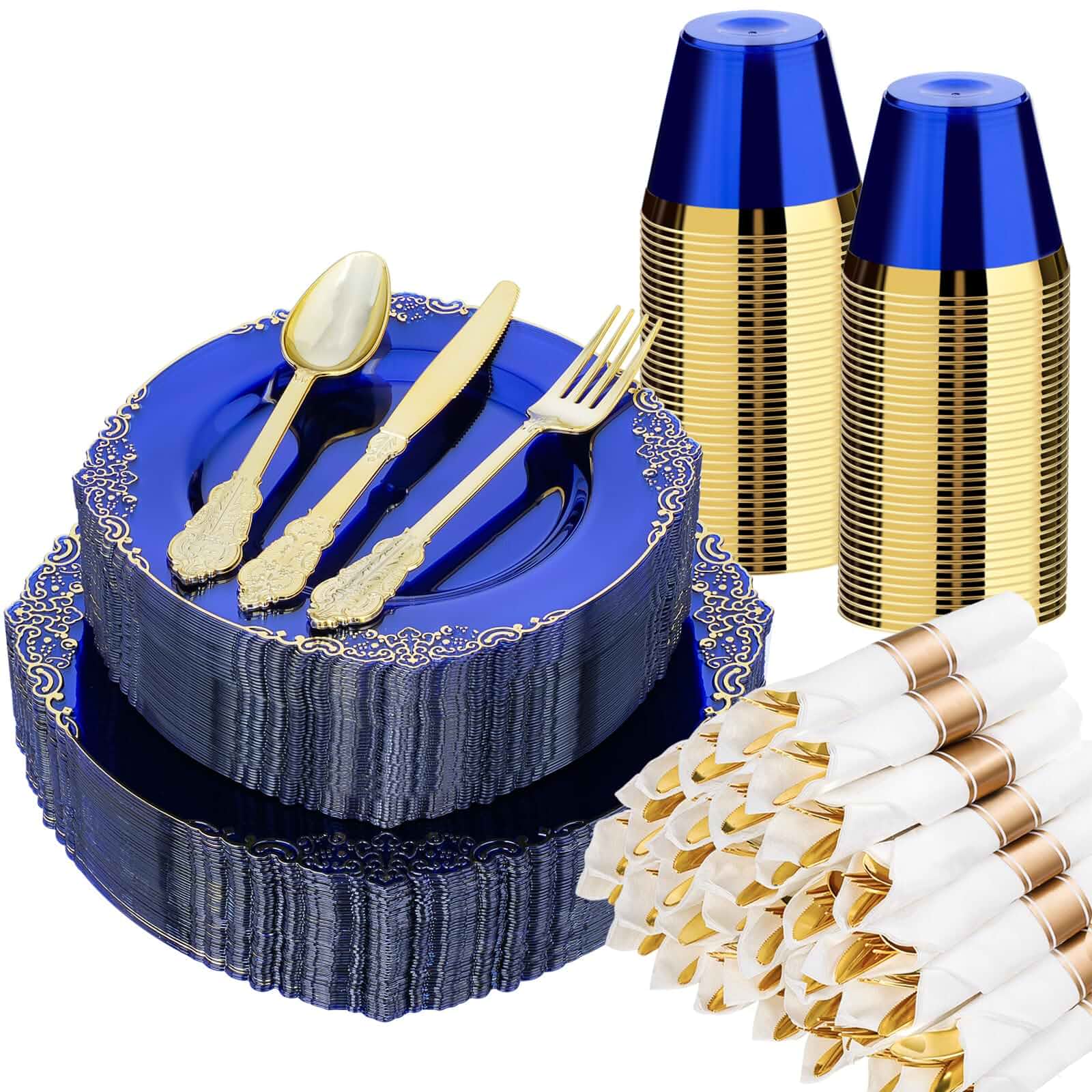 Bestluck 350PCS Blue Disposable Dinnerware for 50 GuestsIncludes 100 Disposable Plates, 150 Silverwares, 50 Cups, 50 Napkins for Wedding, Party, Graduation
