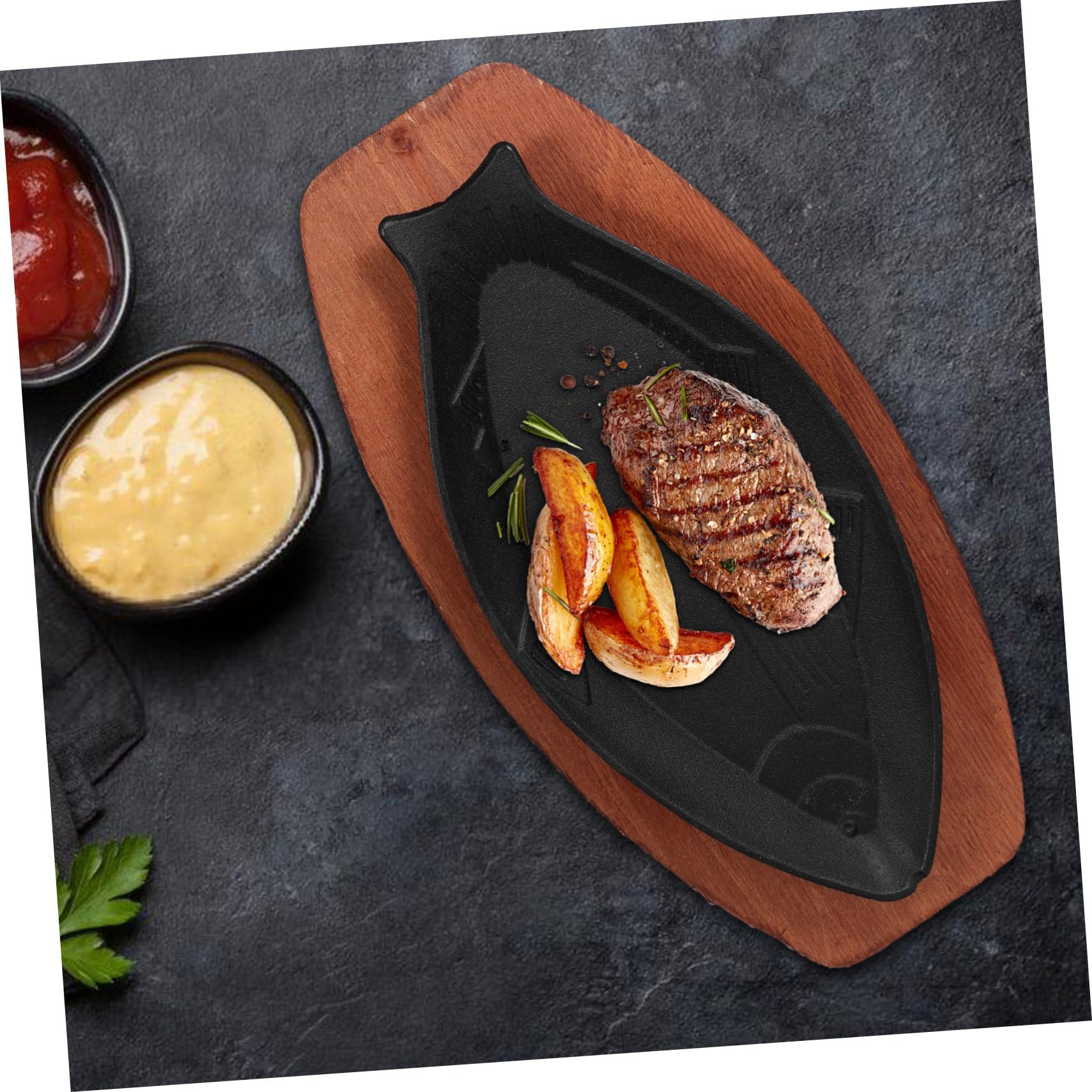 PRETYZOOM Bandeja para Asar Forma Pescado 33,5x16,5x2,5 Cm Hierro Fundido Sartén Antiadherente para Barbacoa Hogar Base de Madera Segura