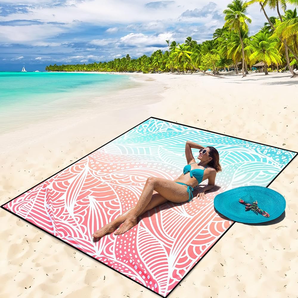 WIWIGO Beach Blanket Waterproof Sandproof Beach Mat 79 X 83/10\'x9\'for 2-8 Adults Quick Drying Outdoor Picnic Mat Beach Accessories for Travel, Camping, Hiking