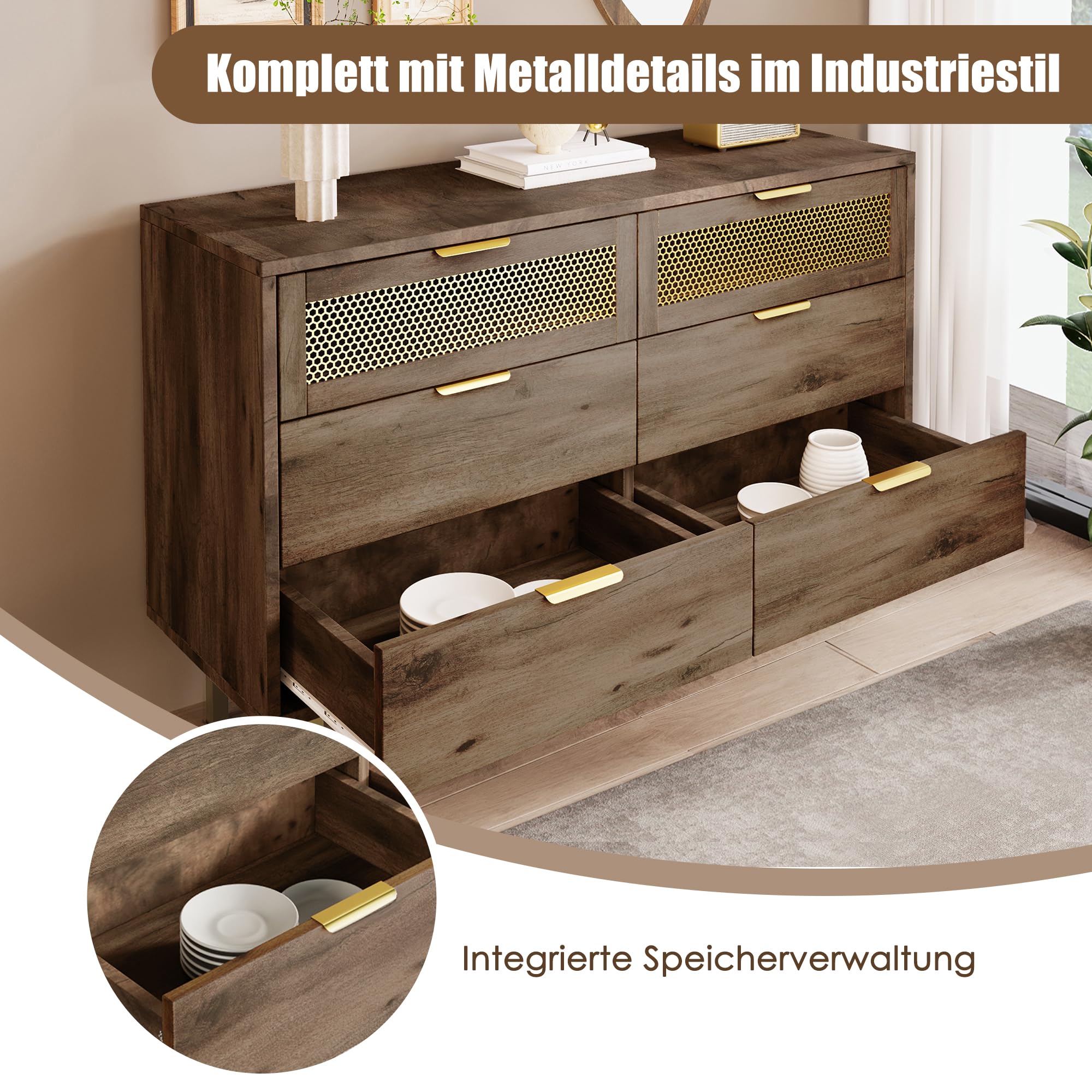 Credenza 6 Cassetti In Stile Retrò - 120x40x76 Cm, Noce, Ante In Rattan, Gambe In Legno