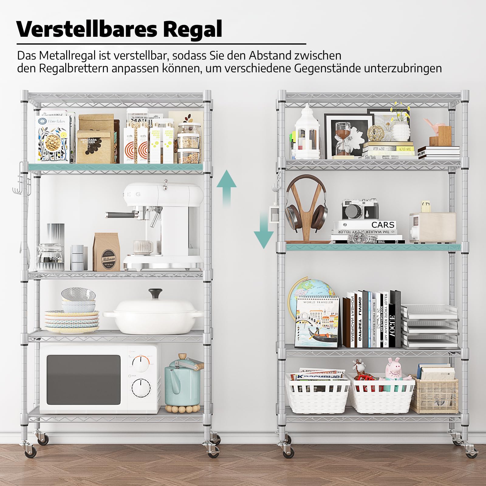 Regal mit 5 Regalböden und Rädern, Robustes Metalldrahtregal mit Haken, höhenverstellbar, für Badezimmer, Küche, Garage (76 x 35 x 158 cm), Silber
