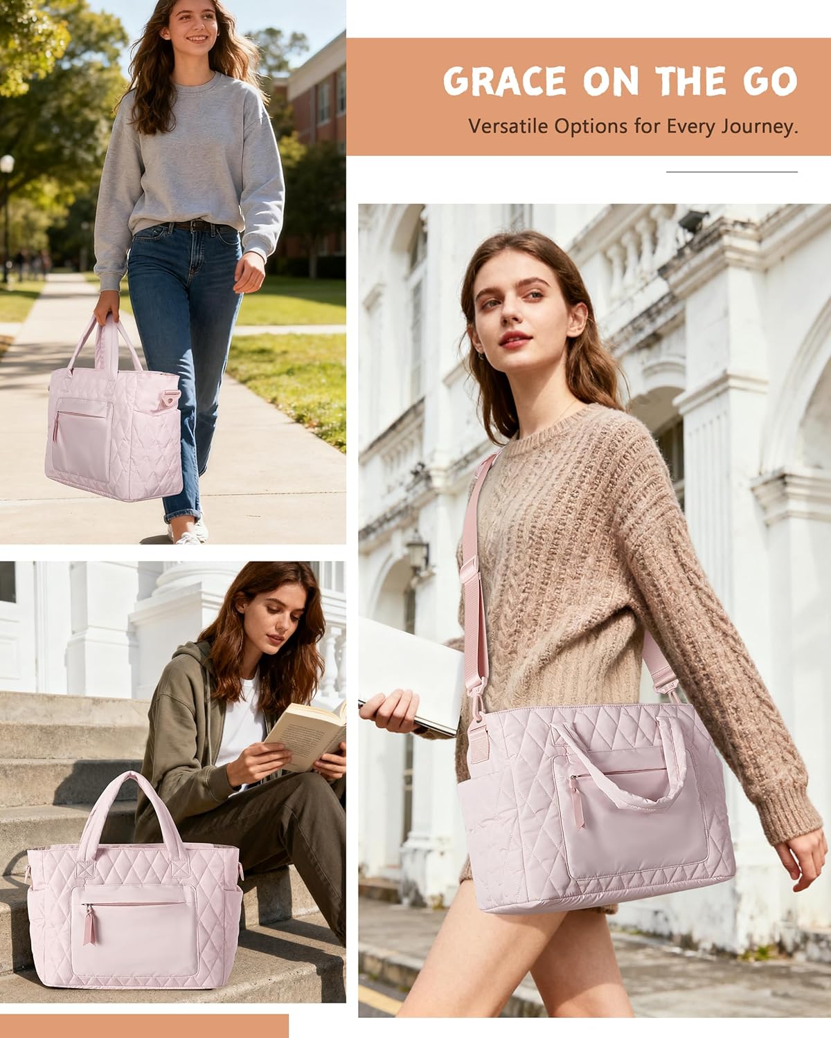 Tote Bag for Women - Puffer Work Tote with Laptop Compartment, Quilted College Shoulder Bag with Zipper for Work - Image 2