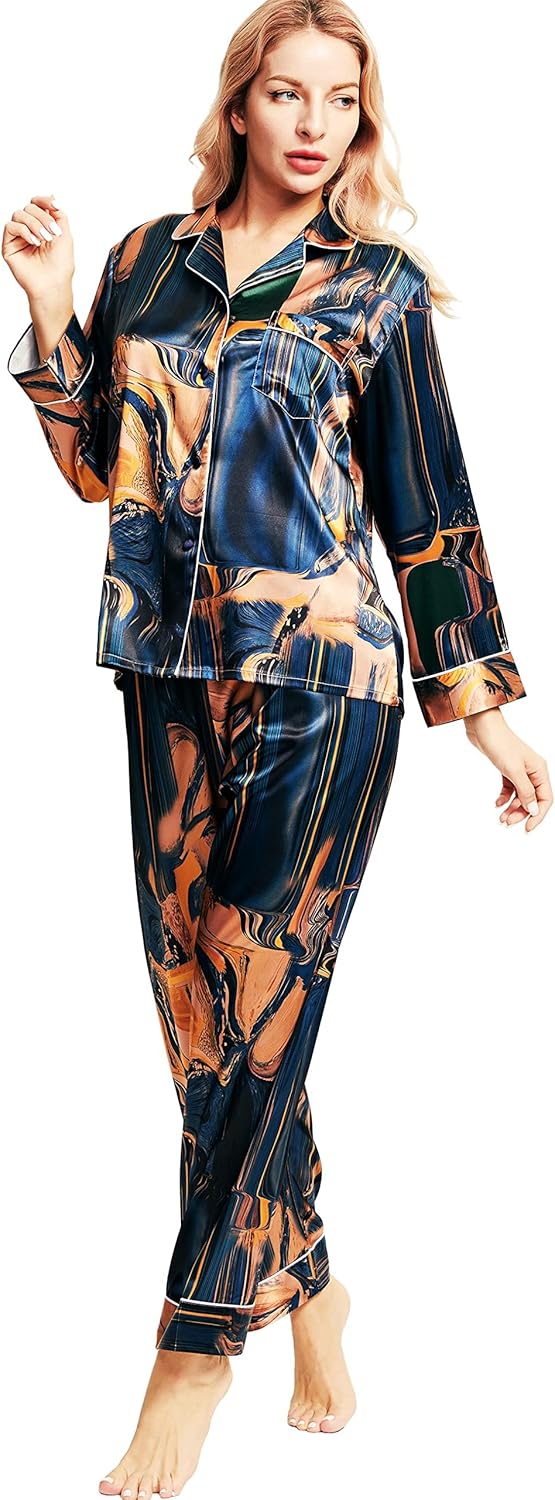 SIHA Satin Silk Pajamas for Women Pajama Set With Long Sleeve Button-Down Satin Pajamas Sleepwear XS-3XL - Image 2