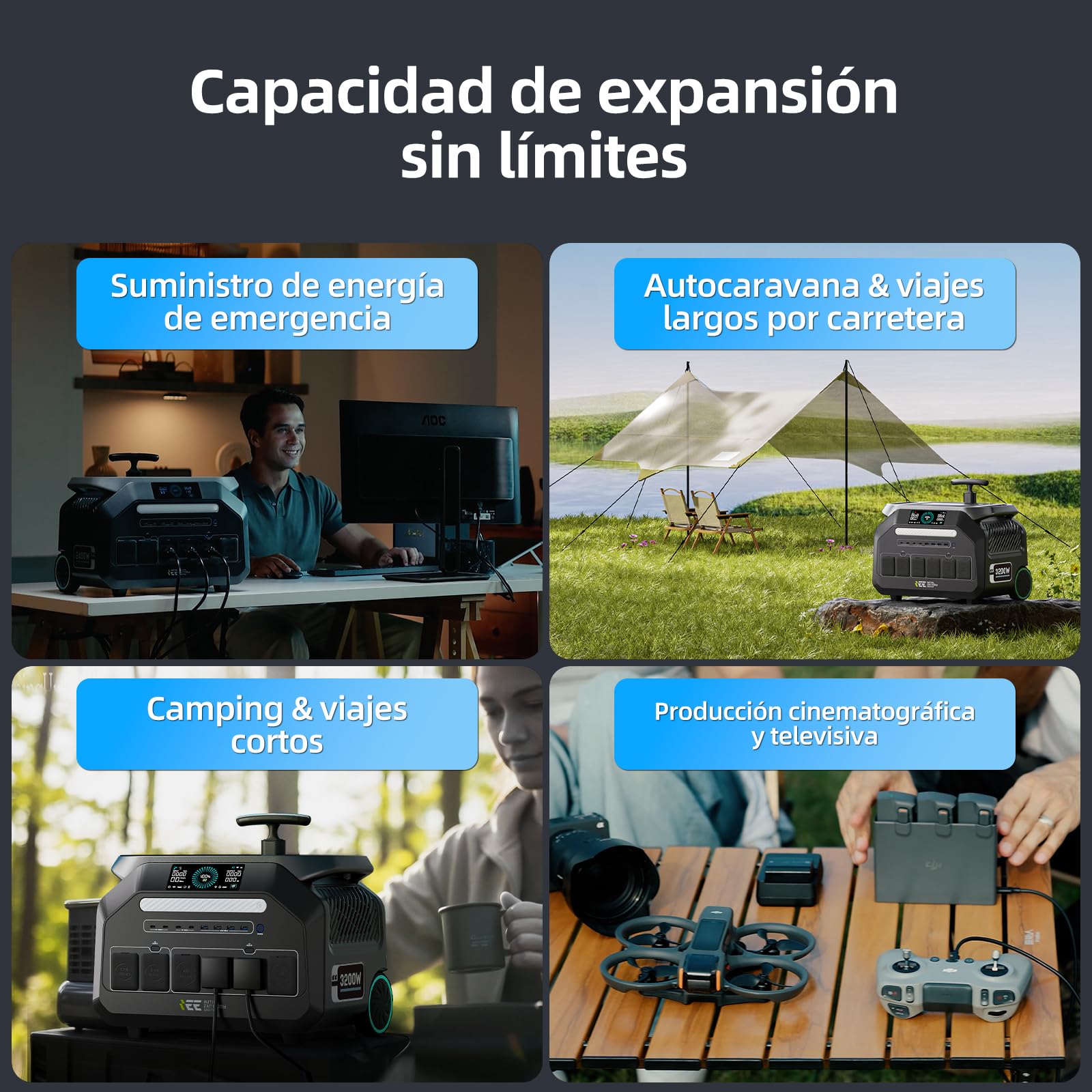 IEE 3200W Estacion de Energia Portatil P3200, 2048Wh Generador Electrico Solar Batería LiFePO4, Aplicación, 16 Puertos, Portable Power Station para Camping, Viajes, Emergencia