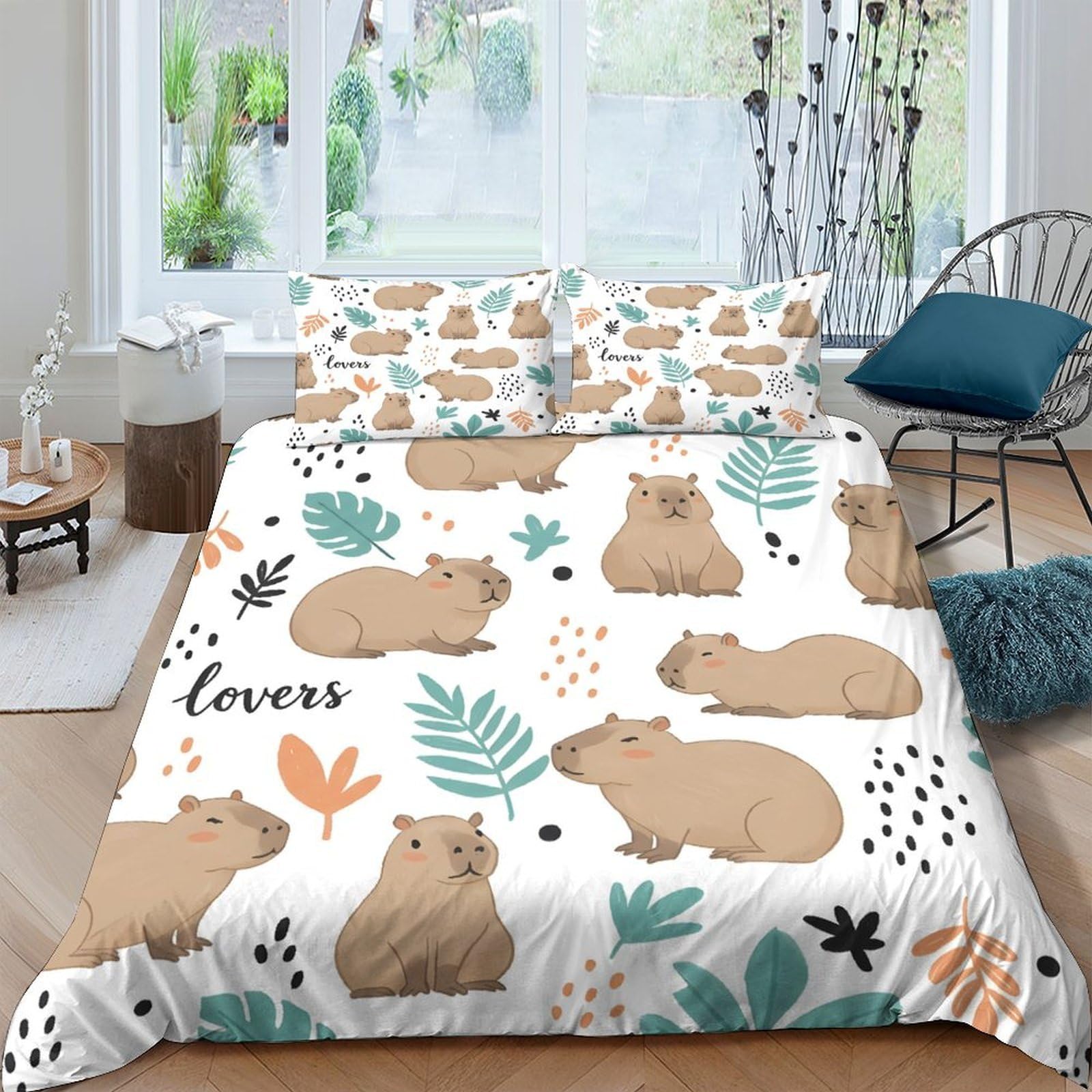 Ctjqhvkz Style-8 3D Printed Capybara Leaves Fitted Sheet Microfiber Soft Animal Mattress Cover For Bedroom Dorm Room Decor Single（135X200cm）