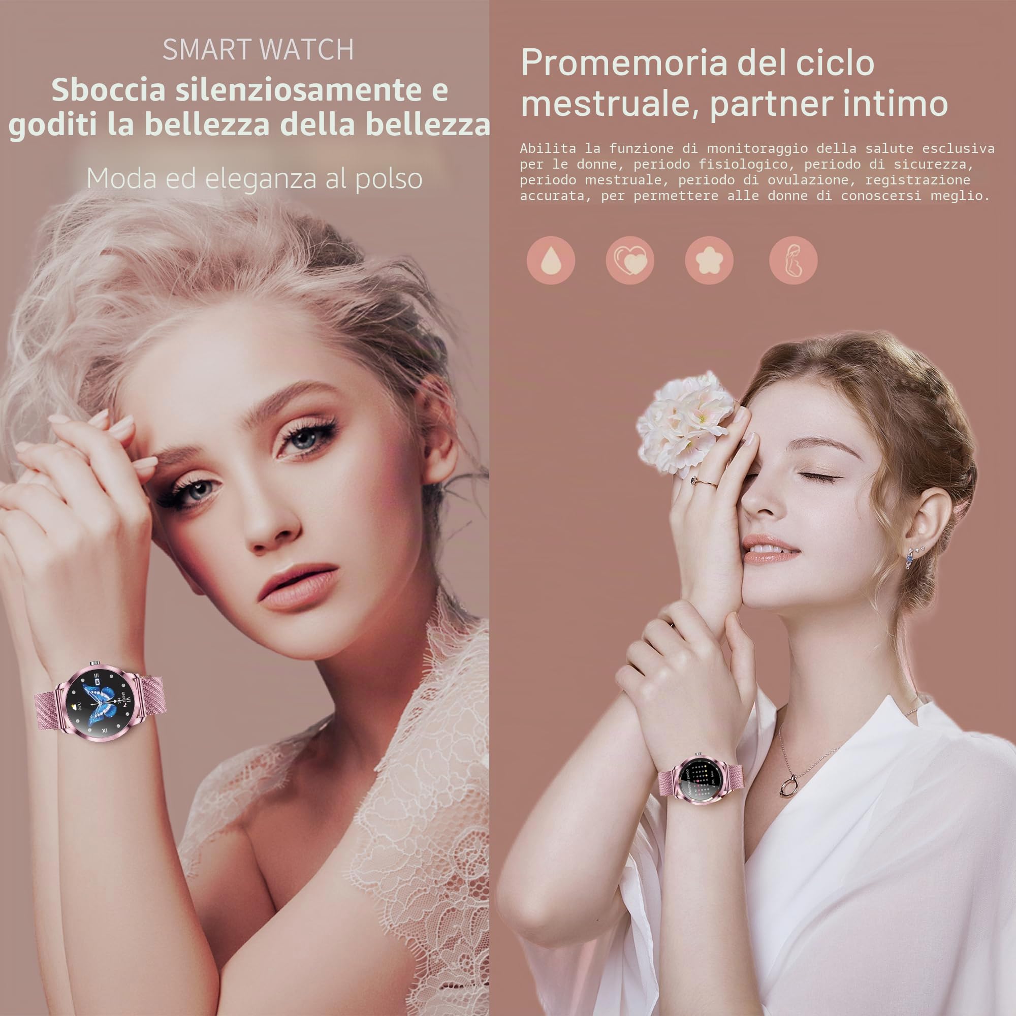 1,09" Smartwatch Donna Chiamate e Risposta Bluetooth, 3 Bracciali, 123 Sport Smartwatch Cardiofrequenzimetro Pressione Sanguigna Monitoraggio del Sonno Orologio Fitness per Android iOS (Rosa)
