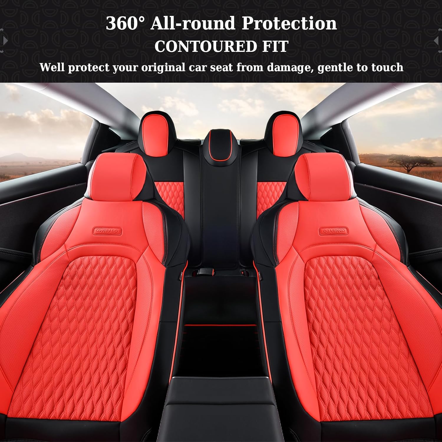 Coverado Car Seat Covers for Tesla Model 3, Full Set 5 Seater, Leatherette Car Seat Covers Front Seats and Back Custom for Tesla Model 3 2024-2025 New BlackRed