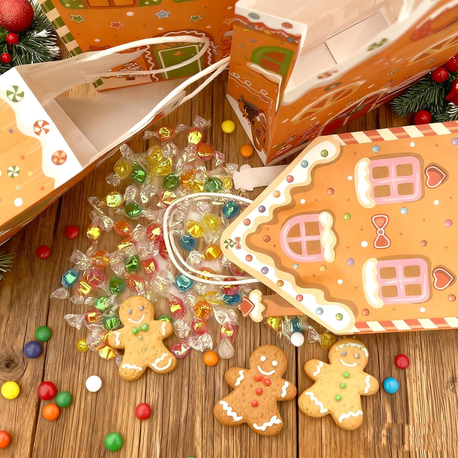 CIEOVO 24 Pcs Christmas Gingerbread House Candy Goodie Paper Gift Bags Candy House Treat Goodie Bags with Handles for Xmas Winter Holiday Baby Shower Party Decorations Supplies - Image 6