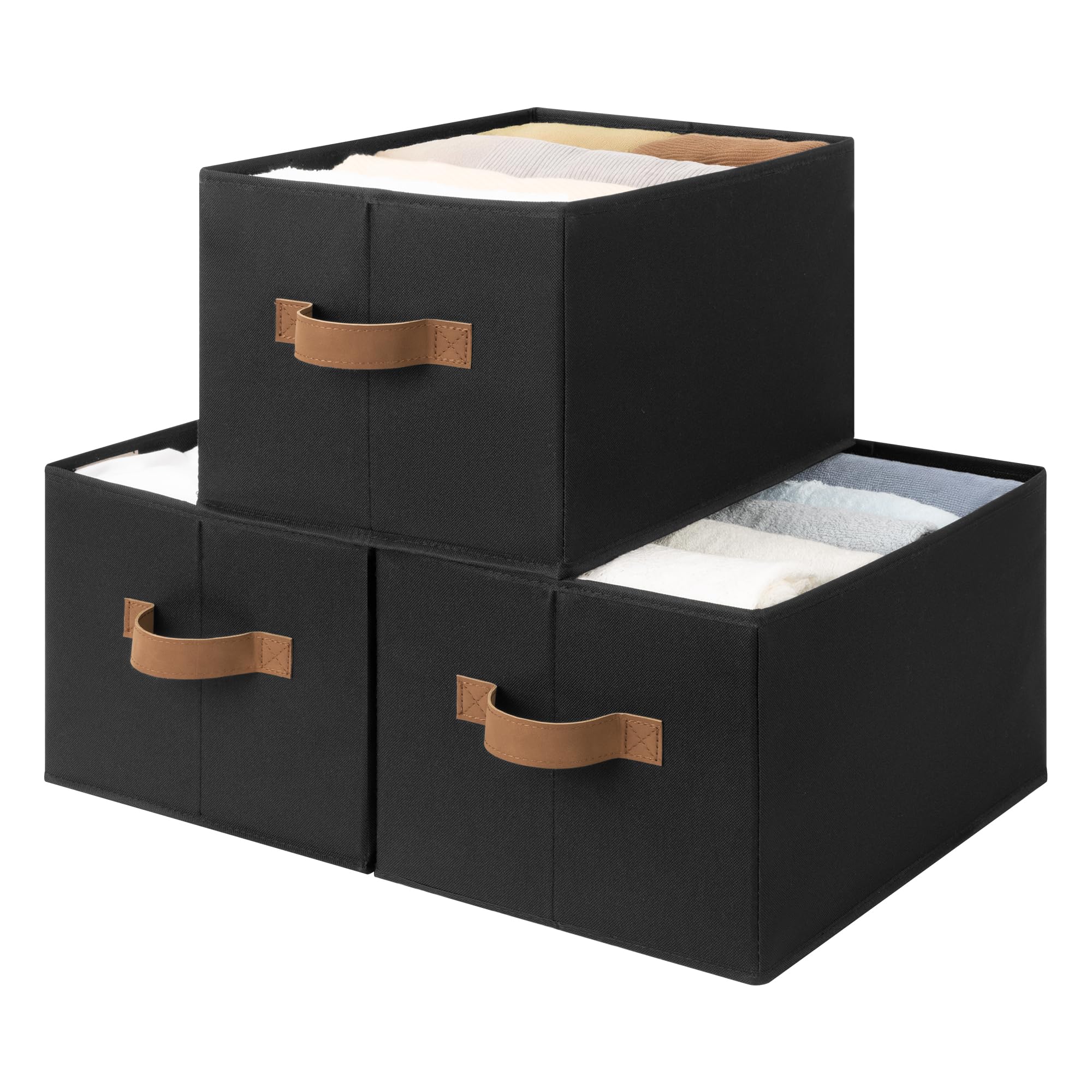 storageworks storage baskets for shelves, foldable fabric closet storage bins with handles, clothes organizer laundry baskets, black, 3-pack, large
