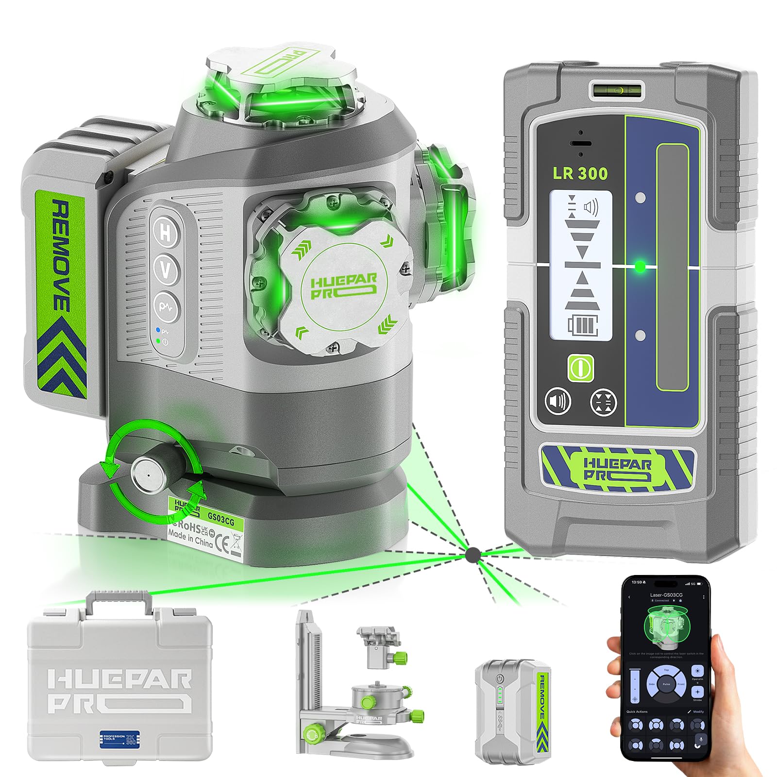 Huepar Pro Outdoor Laser Level Kit with Receiver - Long Range up to 660FT