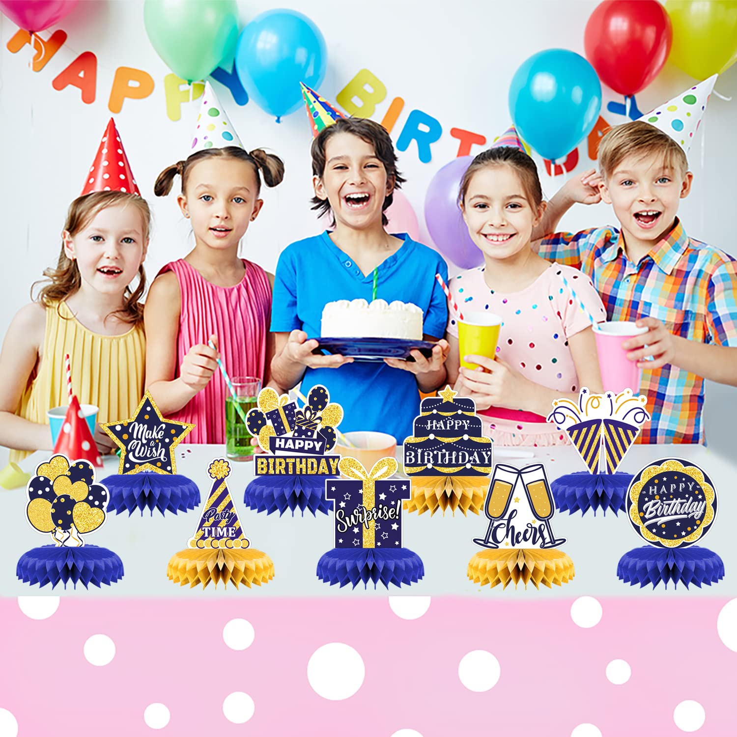 Lot De 9 Centres De Table Anniversaire 3D Bleu Marine Et Doré En Nid D'Abeille - Décoration Fête Enfants, Prénatale, Hommes Et Femmes