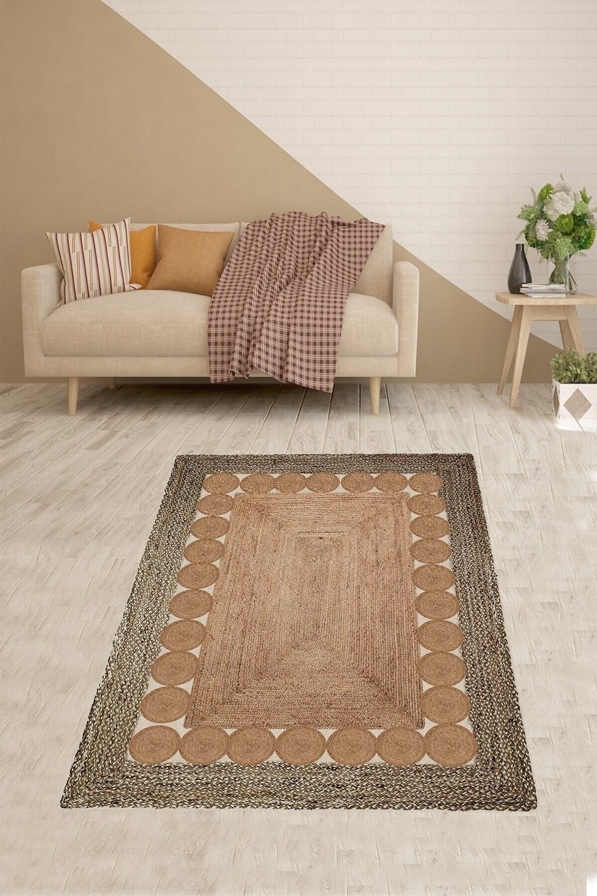 Pelangi Jüt Hasır Kilim Görünümlü Dijital Baskılı Kaymaz Taban Yıkanabilir Halı, Kahverengi 40 x 40