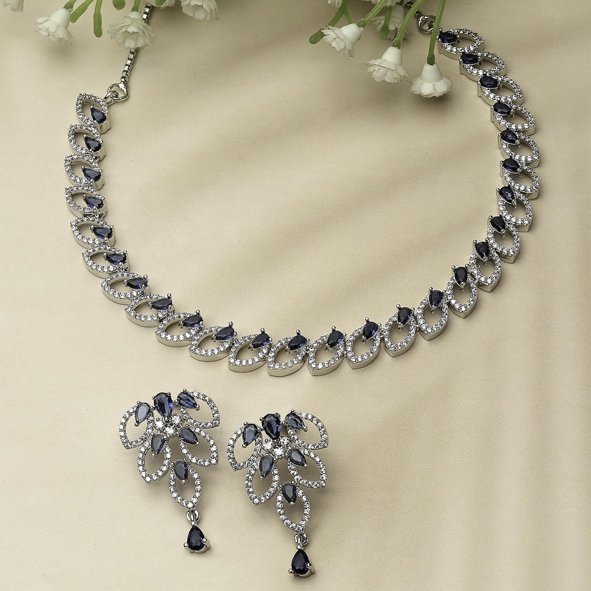 Rhodium-Plated AD Leaf Necklace Earring Set